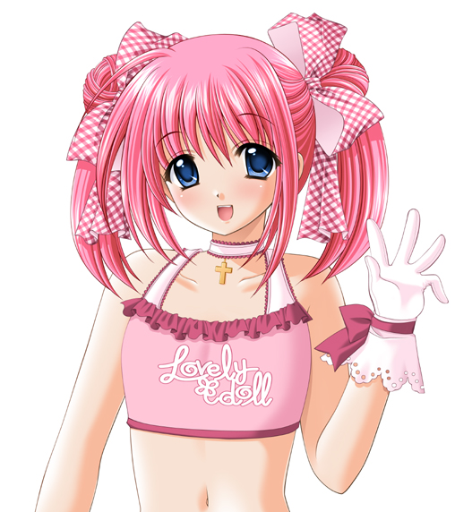 nishimata aoi, lovely idol, 1girl, blue eyes, choker, collarbone, cross, female focus, gloves, idol, latin cross, pink hair, ribbon, solo, twintails