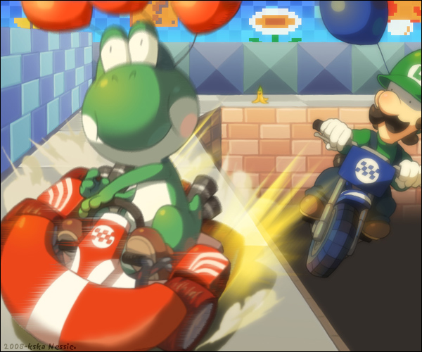 nessie, nessie (kska), luigi, super star (mario), yoshi, mario (series), mario kart, mario kart wii, nintendo, vehicle, bad id, bad pixiv id, 1boy, ? block, balloon, banana peel, gameplay mechanics, motor vehicle, motorcycle, smile, super mushroom, you gonna get raped