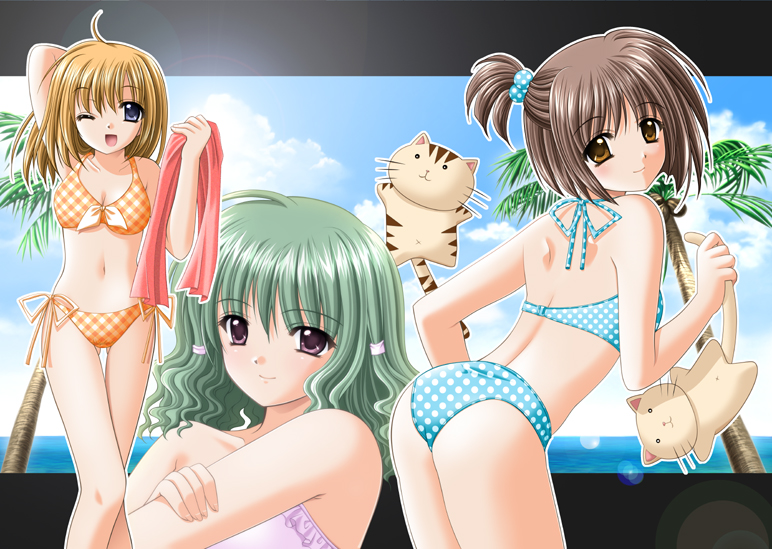 nishimata aoi, lovely idol, 3girls, beach, bikini, breasts, brown hair, cat, cleavage, day, frilled bikini, frills, multiple girls, ocean, plaid bikini, plaid clothes, polka dot, polka dot bikini, side-tie bikini bottom, small breasts, swimsuit