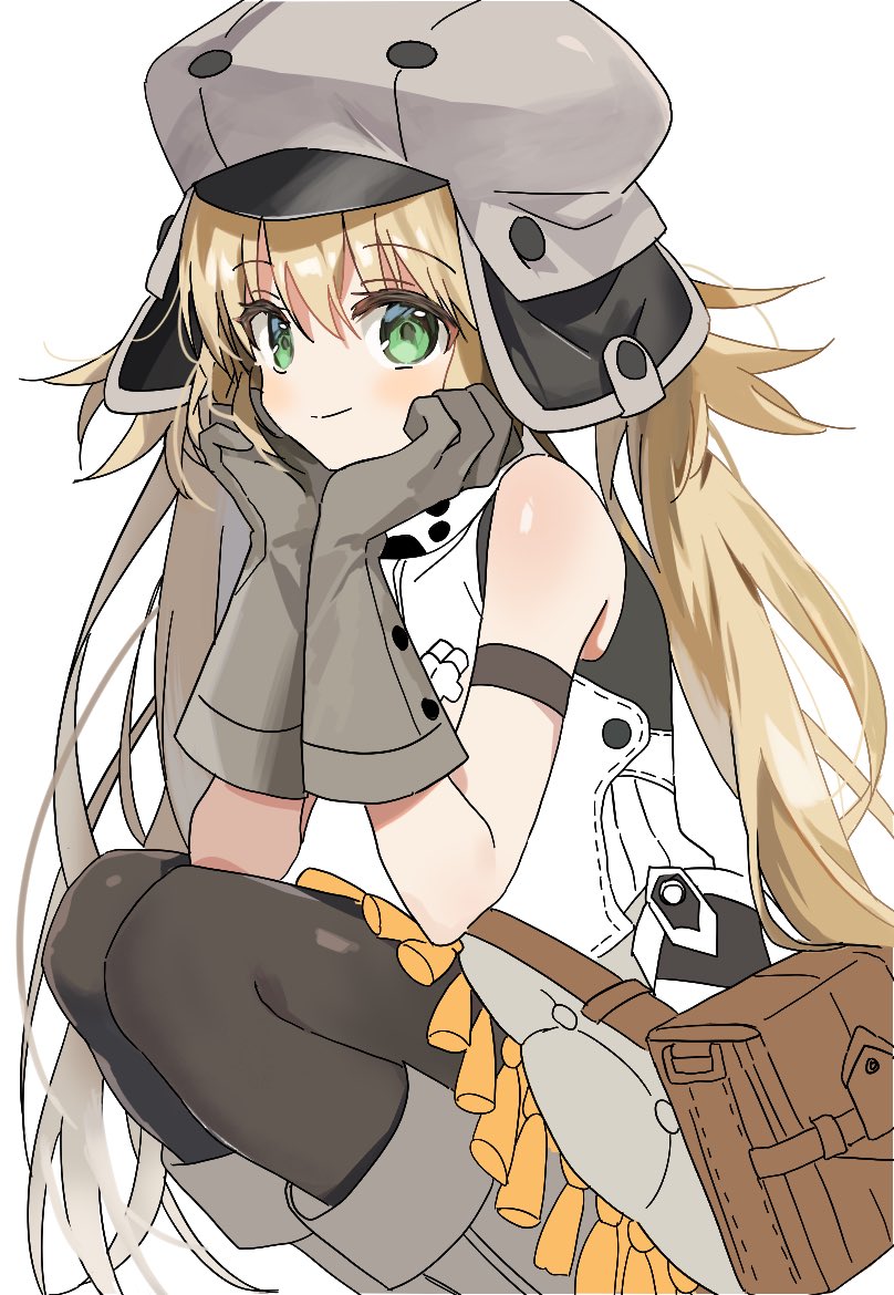 artoria caster (fate), artoria caster (first ascension) (fate), artoria pendragon (fate), fate/grand order, fate (series), commentary request, korean commentary, 1girl, black pantyhose, blonde hair, boots, closed mouth, dress, gloves, green eyes, grey boots, grey gloves, grey hat, hat, long hair, looking at viewer, pantyhose, simple background, sleeveless, sleeveless dress, smile, solo, syst098, twintails, very long hair, white background, white dress