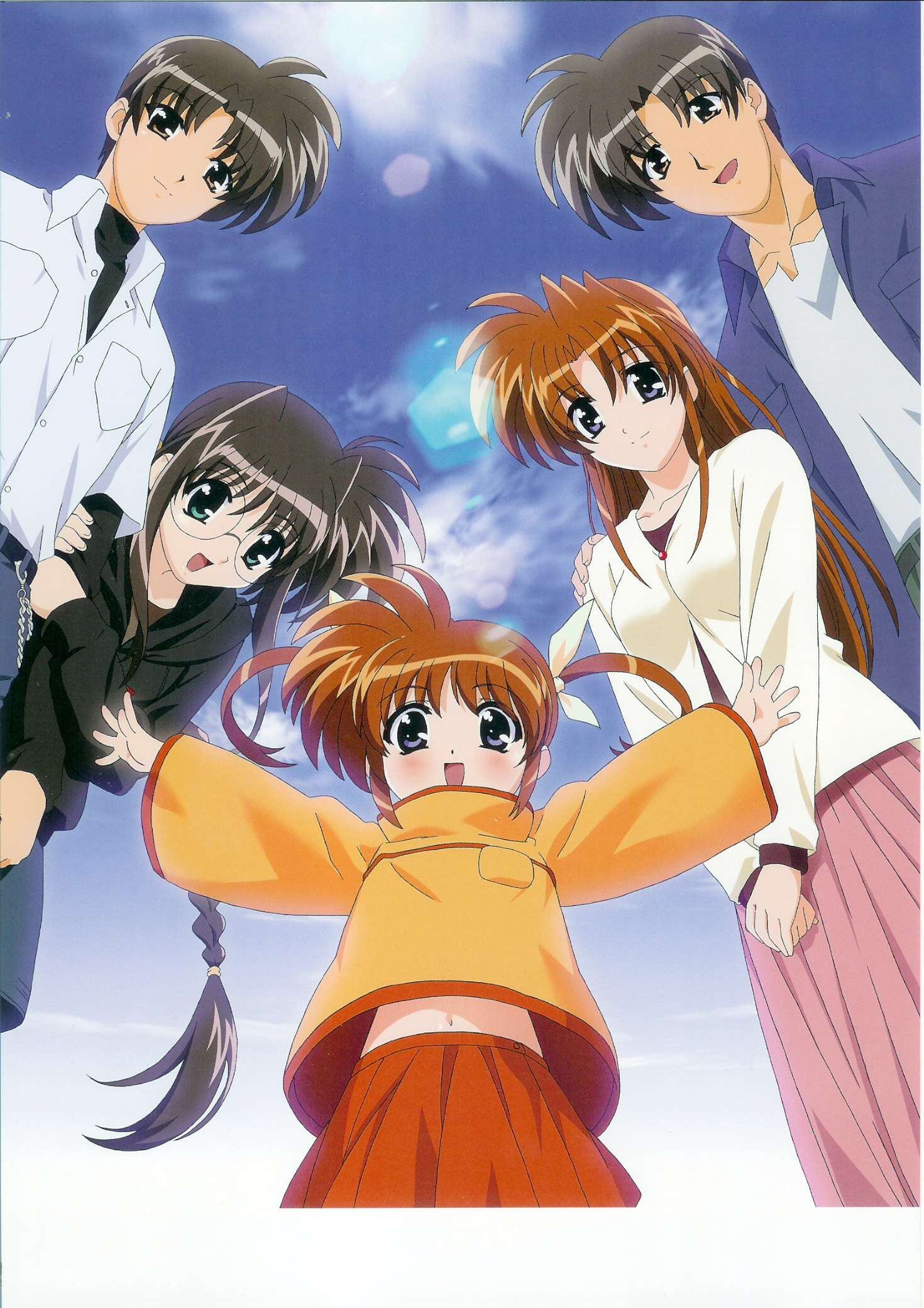okuda yasuhiro, takamachi kyouya, takamachi miyuki, takamachi momoko, takamachi nanoha, takamachi shirou, lyrical nanoha, mahou shoujo lyrical nanoha, triangle heart, triangle heart 3, triangle heart 3 lyrical toy box, triangle hearts, highres, 00s, 2boys, 3girls, braid, brown hair, family, glasses, midriff, multiple boys, multiple girls, orange shirt, outstretched arms, shirt, spread arms, takamachi family, twintails