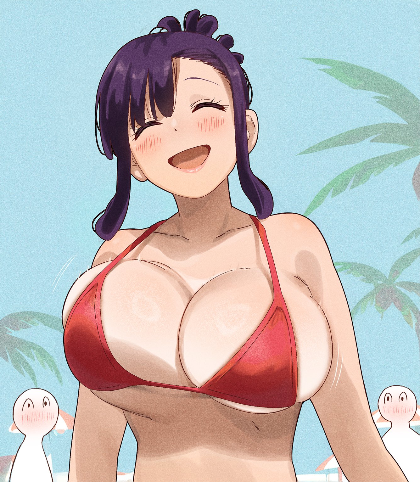gaston18, elder cousin (igarashi kyouhei), highres, 1girl, 2others, alternate costume, bikini, blue sky, blush, breasts, closed eyes, day, itoko no onee-chan ni amaechau?, large breasts, multiple others, open mouth, purple hair, red bikini, sky, smile, solo focus, swimsuit