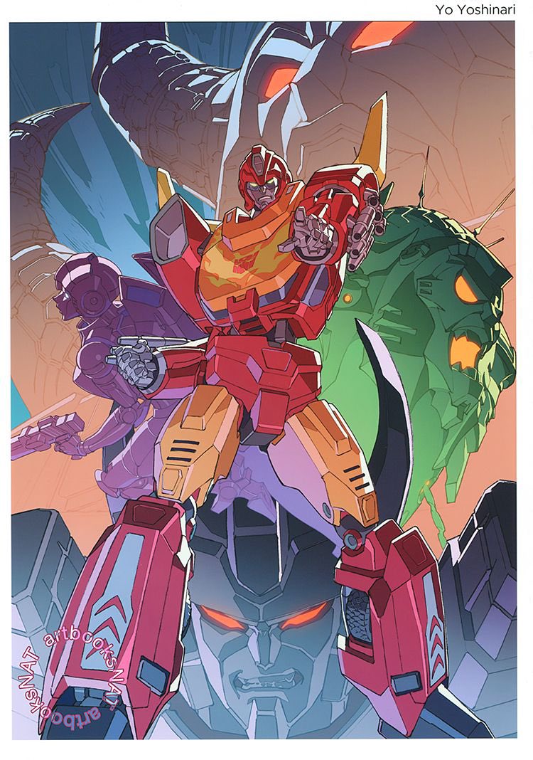 yoshinari you, arcee, galvatron, hot rod (transformers), unicron, transformers, transformers animated, second-party source, 1girl, 3boys, gun, holding, holding gun, holding weapon, multiple boys, no humans, quintessa, robot, teeth, weapon