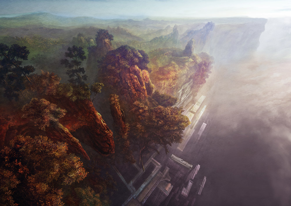 haze, yoshimura masato, panorama, building, cliff, cloud, faux traditional media, landscape, no humans, scenery, sky, tree