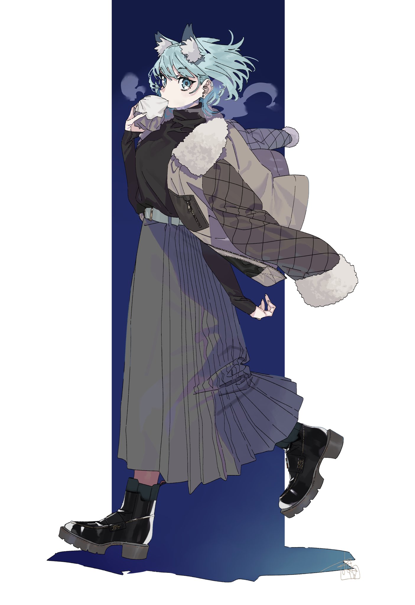 machi (wm), original, highres, 1girl, animal ear fluff, animal ears, aqua eyes, aqua hair, belt, black boots, black sweater, blue background, boots, breasts, brown jacket, cat ears, ear piercing, eating, eir (machi), facing to the side, food, food in mouth, fur-trimmed jacket, fur trim, green belt, green skirt, holding, holding food, jacket, jacket on shoulders, long skirt, long sleeves, looking at viewer, medium breasts, medium hair, piercing, pleated skirt, signature, skirt, solo, steam, steamed bun, sweater, swept bangs, turtleneck, turtleneck sweater, two-tone background, walking, white background