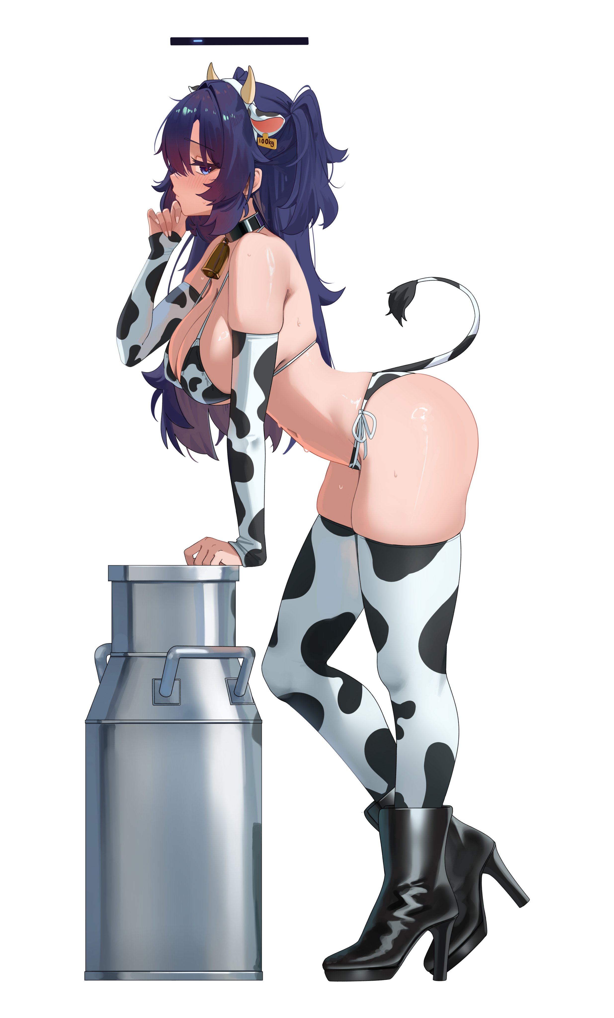 mcbox, yuuka (blue archive), blue archive, absurdres, commentary, highres, symbol-only commentary, 1girl, alternate costume, animal ear hairband, animal ears, animal print, ankle boots, bare shoulders, bell, bikini, black boots, black halo, blush, boots, breasts, cleavage, cow ear hairband, cow ears, cow horns, cow print, cow print bikini, cow print sleeves, cow print thighhighs, cowbell, ear tag, fake animal ears, fake horns, from side, hair ornament, hairband, halo, high heel boots, high heels, horns, large breasts, long hair, looking at viewer, mechanical halo, milk churn, neck bell, print bikini, print thighhighs, shiny skin, side-tie bikini bottom, sideways glance, simple background, skindentation, solo, sweat, swimsuit, thighhighs, thighs, triangle hair ornament, two side up, white background