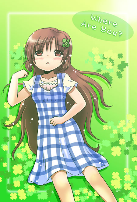 junako, original, 1girl, blush, brown hair, clover, dress, female focus, four-leaf clover, long hair, lying, solo