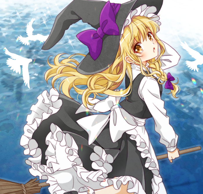 okawa friend, kirisame marisa, touhou, commentary request, 1girl, apron, back bow, bird, black skirt, black vest, blonde hair, bow, braid, broom, broom riding, feet out of frame, frilled apron, frills, from above, from side, hair bow, hat, hat bow, long hair, long sleeves, looking back, looking up, petticoat, purple bow, shadow, shirt, silhouette, single braid, skirt, solo, sparkle, vest, water, white apron, white bird, white shirt, witch hat