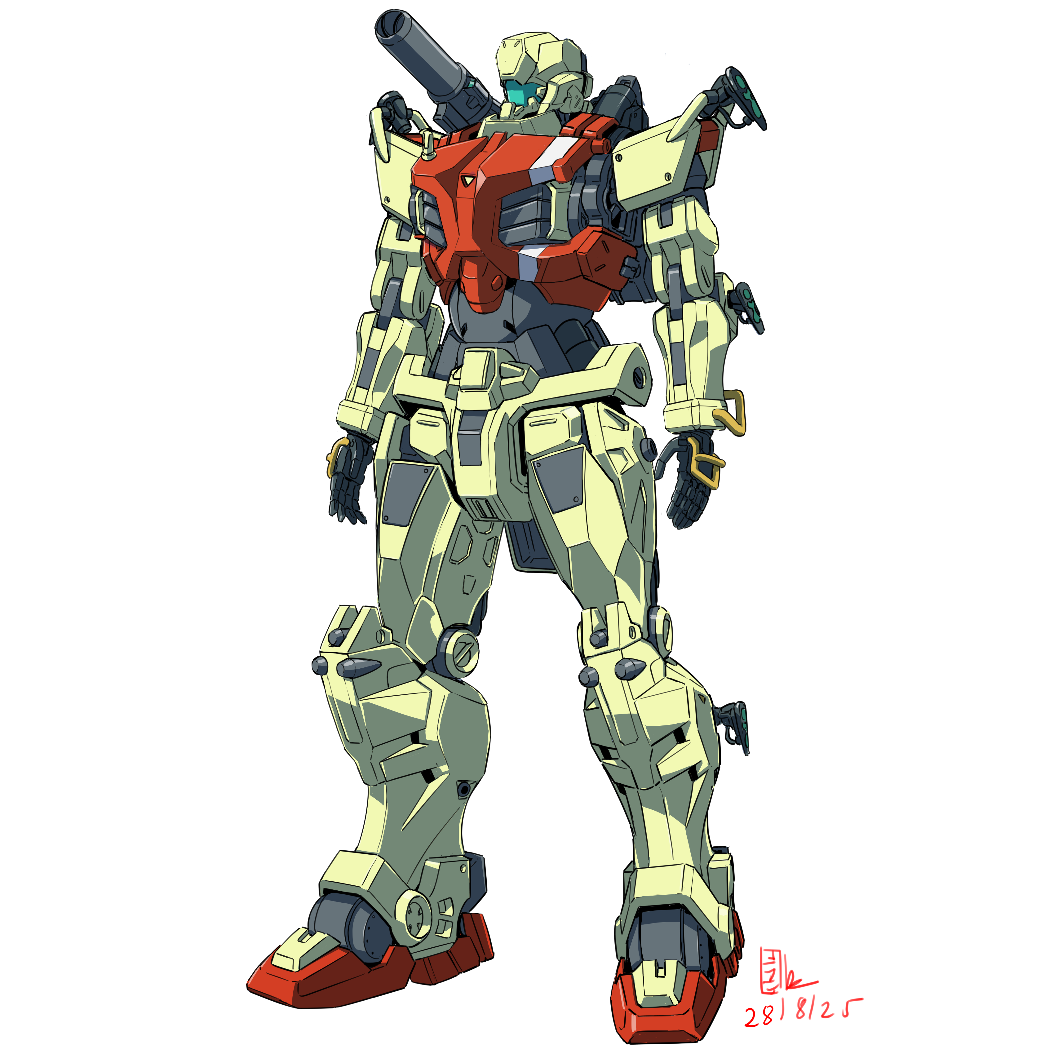 pravin rao santheran, ground gm, gundam, gundam 08th ms team, gundam gquuuuuux, original, absurdres, commentary, highres, 2025, beam cannon, cable, colored lineart, crossover, dated, earth federation, fusion, green visor, light type guncannon, machinery, mecha, mecha focus, mobile suit, no humans, redesign, robot, science fiction, shoulder cannon, weapon, white background, yamashita ikuto (style)