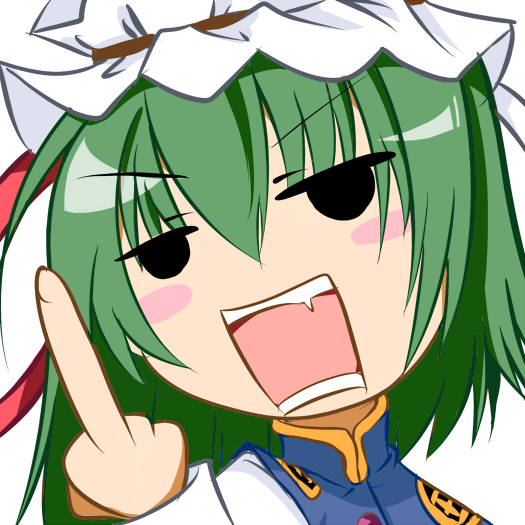 qoo, shiki eiki, touhou, 1girl, chibi, female focus, green hair, middle finger, simple background, solo, white background