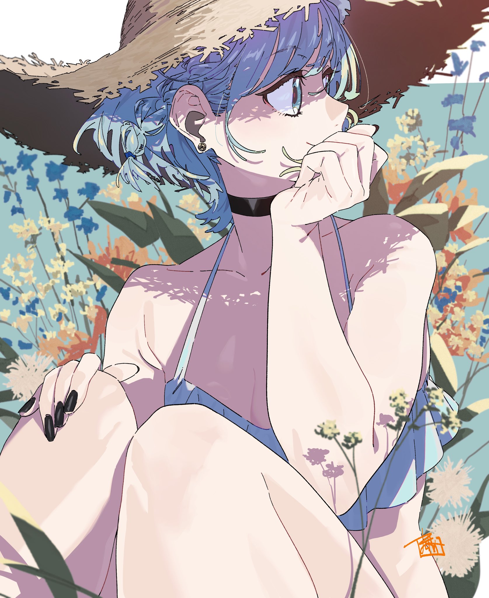 machi (wm), original, highres, 1girl, animal ear fluff, animal ears, aqua camisole, aqua eyes, aqua hair, bare shoulders, black choker, black nails, braid, breasts, camisole, cat ears, choker, cleavage, collarbone, covering own mouth, ear piercing, eir (machi), facing viewer, feet out of frame, flower, hair tie, halterneck, hand on own knee, hand over own mouth, hat, looking to the side, medium hair, nail polish, piercing, shadow, signature, single braid, sitting, small breasts, solo, straw hat, swept bangs