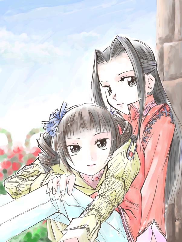 jason (kaiten kussaku kikou), hosokawa kanako, matsudaira touko, maria-sama ga miteru, 00s, 2girls, against wall, blue sky, blurry, brick wall, brown eyes, brown hair, day, depth of field, drill hair, field, flower, flower field, half updo, long sleeves, looking at viewer, multiple girls, outdoors, pants, short hair, sidelocks, sitting, sky