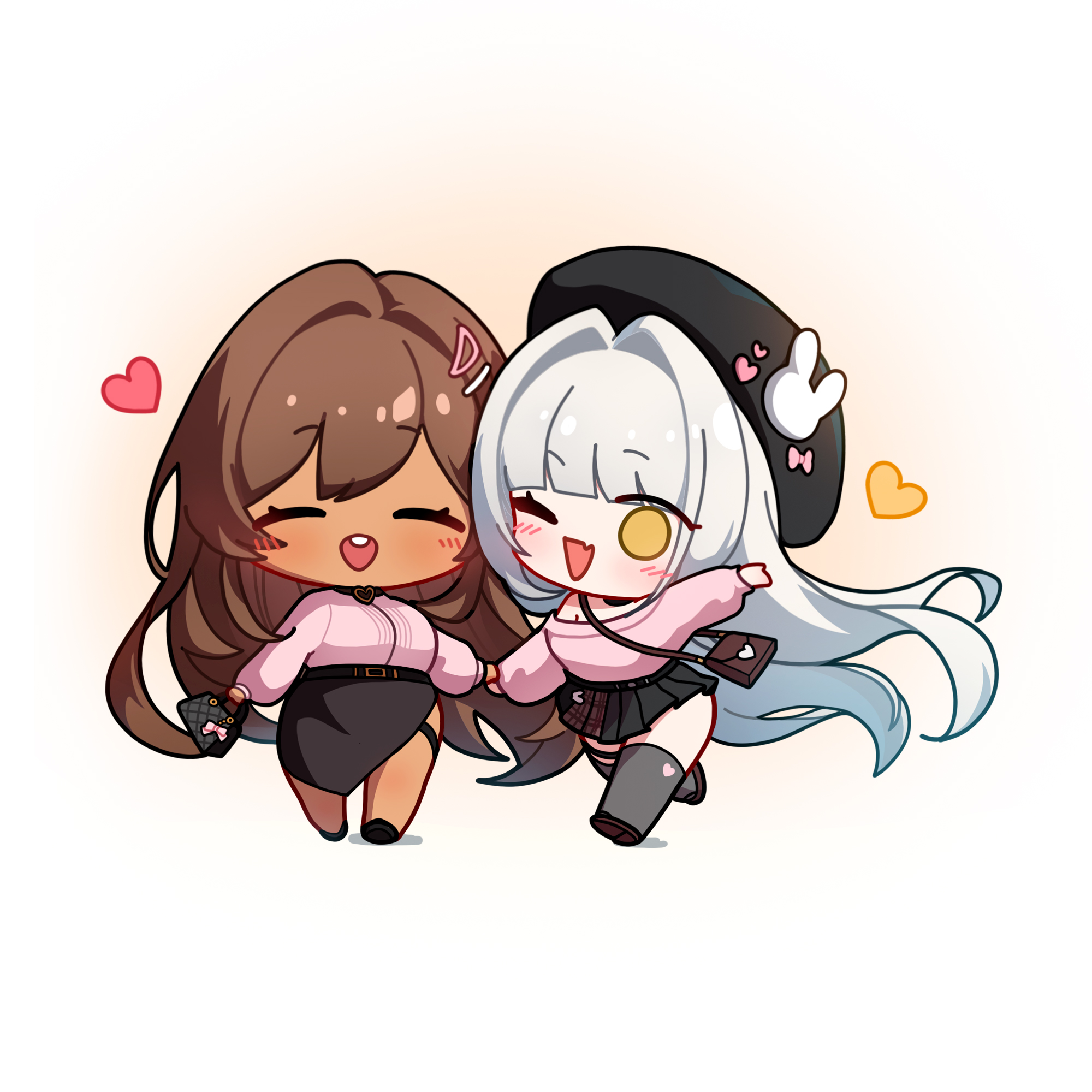 uz (uzru0428), blanc (nikke), noir (nikke), goddess of victory: nikke, highres, alternate costume, beret, black skirt, black thighhighs, blush, breasts, brown hair, chibi, closed eyes, dark-skinned female, dark skin, hair ornament, hairclip, hat, holding hands, long hair, long skirt, looking at viewer, multiple girls, one eye closed, open mouth, pink shirt, pleated skirt, shirt, skirt, smile, teeth, thighhighs, upper teeth only, white hair, yellow eyes