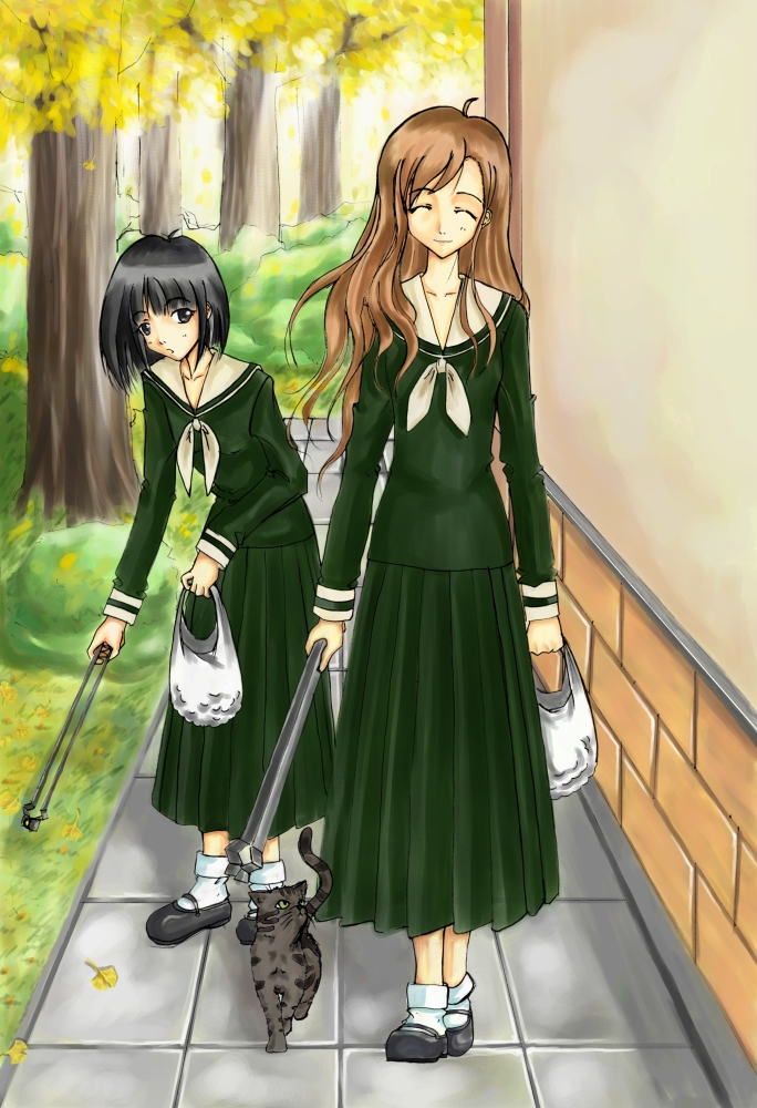 mmp80, towada rin, goronta, nijou noriko, toudou shimako, maria-sama ga miteru, 00s, 3girls, autumn, cat, closed eyes, multiple girls, school uniform, serafuku, tongs