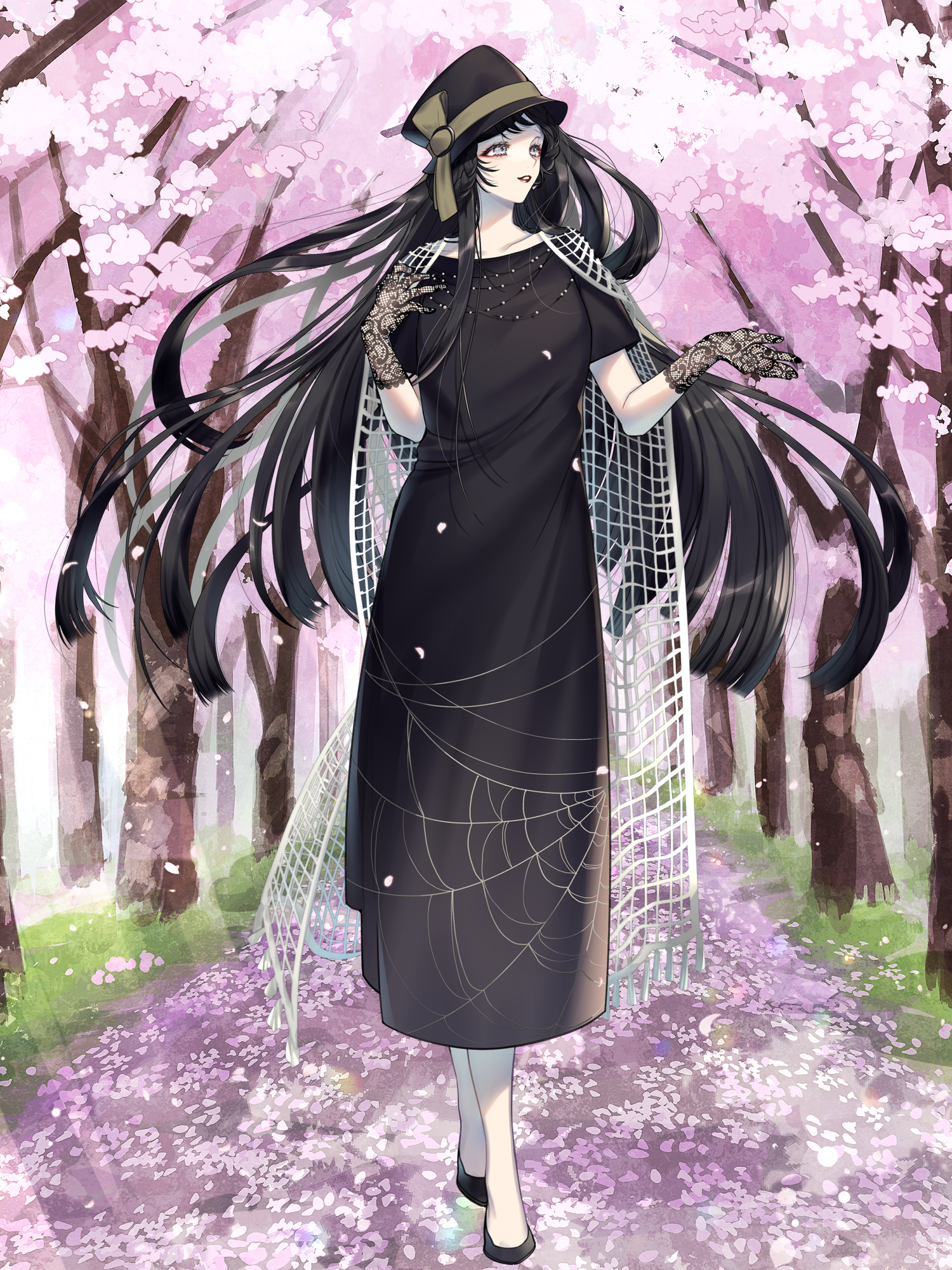 sato toshio, dairoku ryouhei, highres, 1girl, black hair, black hat, black lips, black shoes, cherry blossoms, day, full body, gloves, grey eyes, hand up, hat, lace, lace gloves, lipstick, long hair, makeup, outdoors, pale skin, shoes, short sleeves, spider web print, standing, uraku tamaki