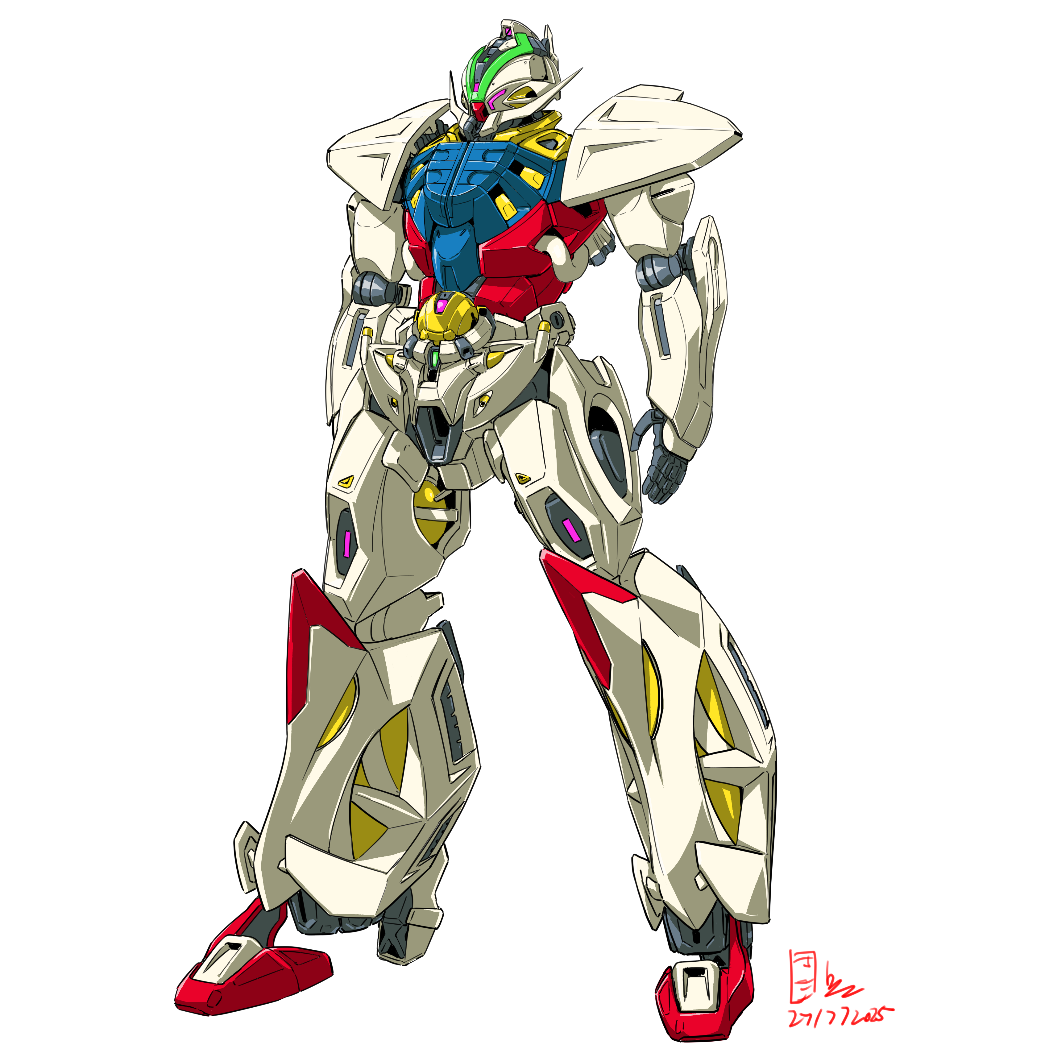pravin rao santheran, turn a gundam (mobile suit), gundam, gundam gquuuuuux, original, turn a gundam, absurdres, commentary, commission, highres, 2025, colored lineart, crossover, dated, green visor, machinery, mecha, mecha focus, mobile suit, no humans, redesign, robot, science fiction, signature, v-fin, white background, yamashita ikuto (style)