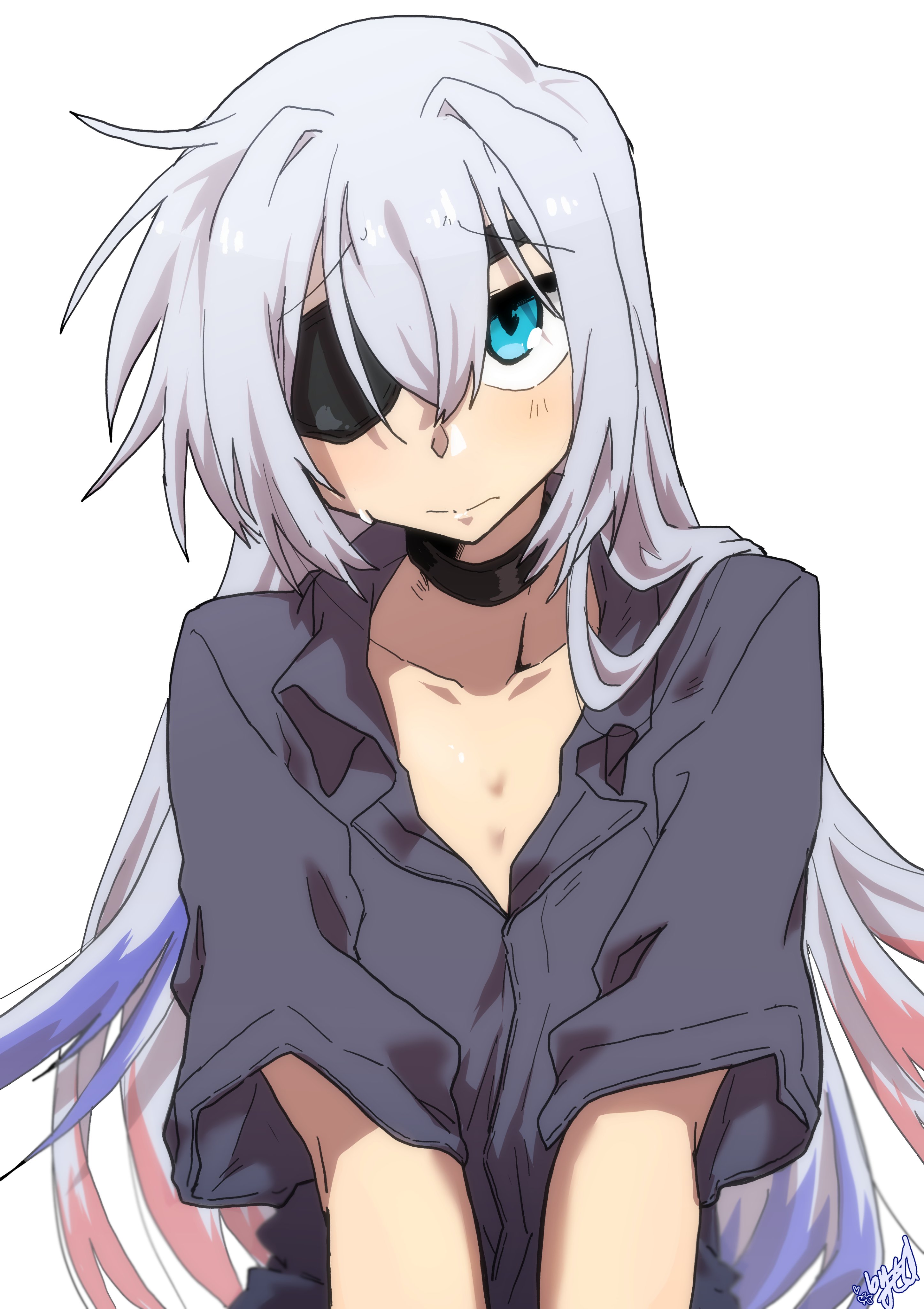 edkuroki, original, absurdres, highres, 1boy, black collar, blue eyes, borrowed character, closed mouth, collar, collarbone, eyepatch, grey shirt, long hair, looking up, male focus, rigel (op na yarou), shirt, short sleeves, signature, simple background, small sweatdrop, upper body, very long hair, white background, white hair