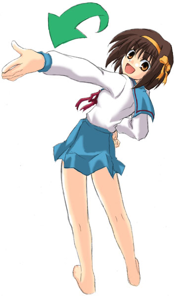 sukoburu, sukoburu80, suzumiya haruhi, suzumiya haruhi no yuuutsu, 00s, 1girl, barefoot, female focus, hairband, school uniform, serafuku, solo