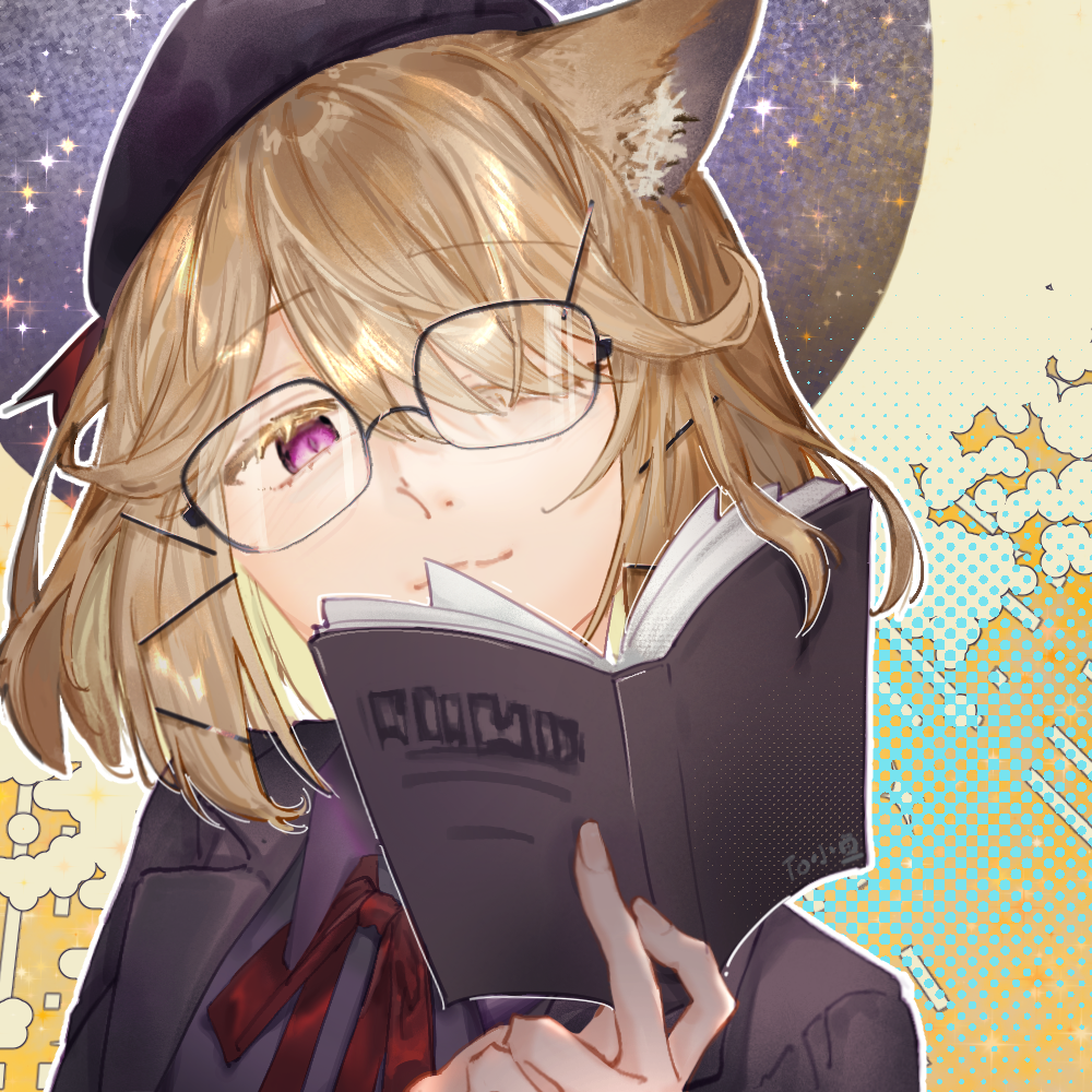 utage (arknights), utage (disguise) (arknights), arknights, 1girl, animal ear fluff, animal ears, beret, blonde hair, book, hat, holding, holding book, looking at viewer, luoweiqinxi, one eye closed, open book, purple eyes, purple hat, smile, solo