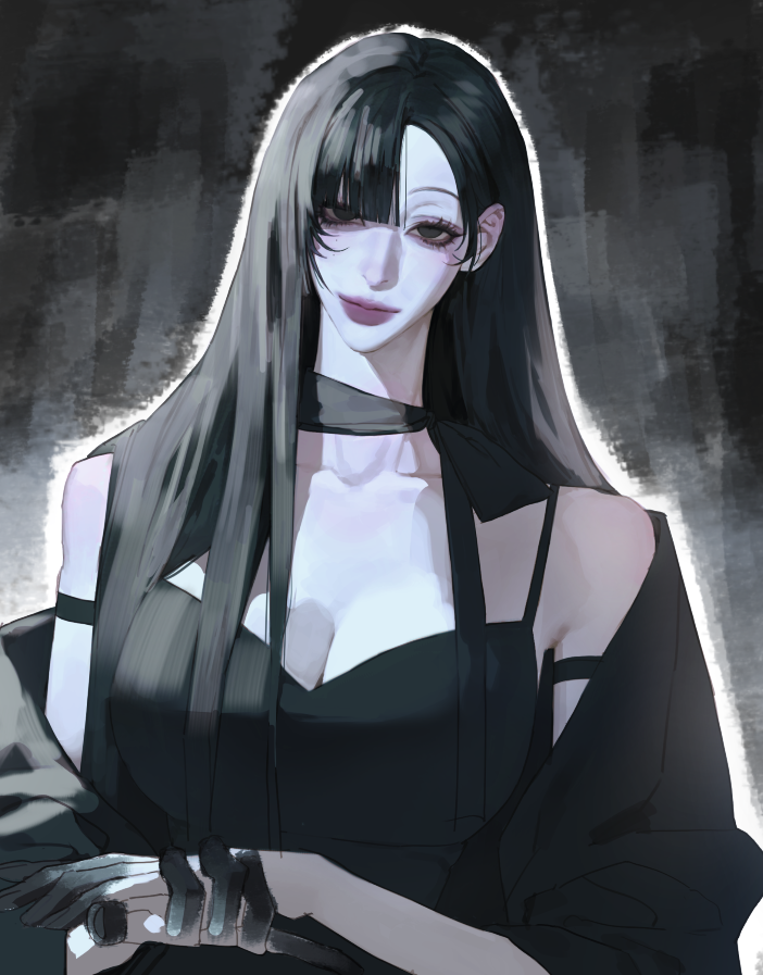 yalppong, original, 1girl, black hair, expressionless, long hair, looking at viewer, solo, upper body