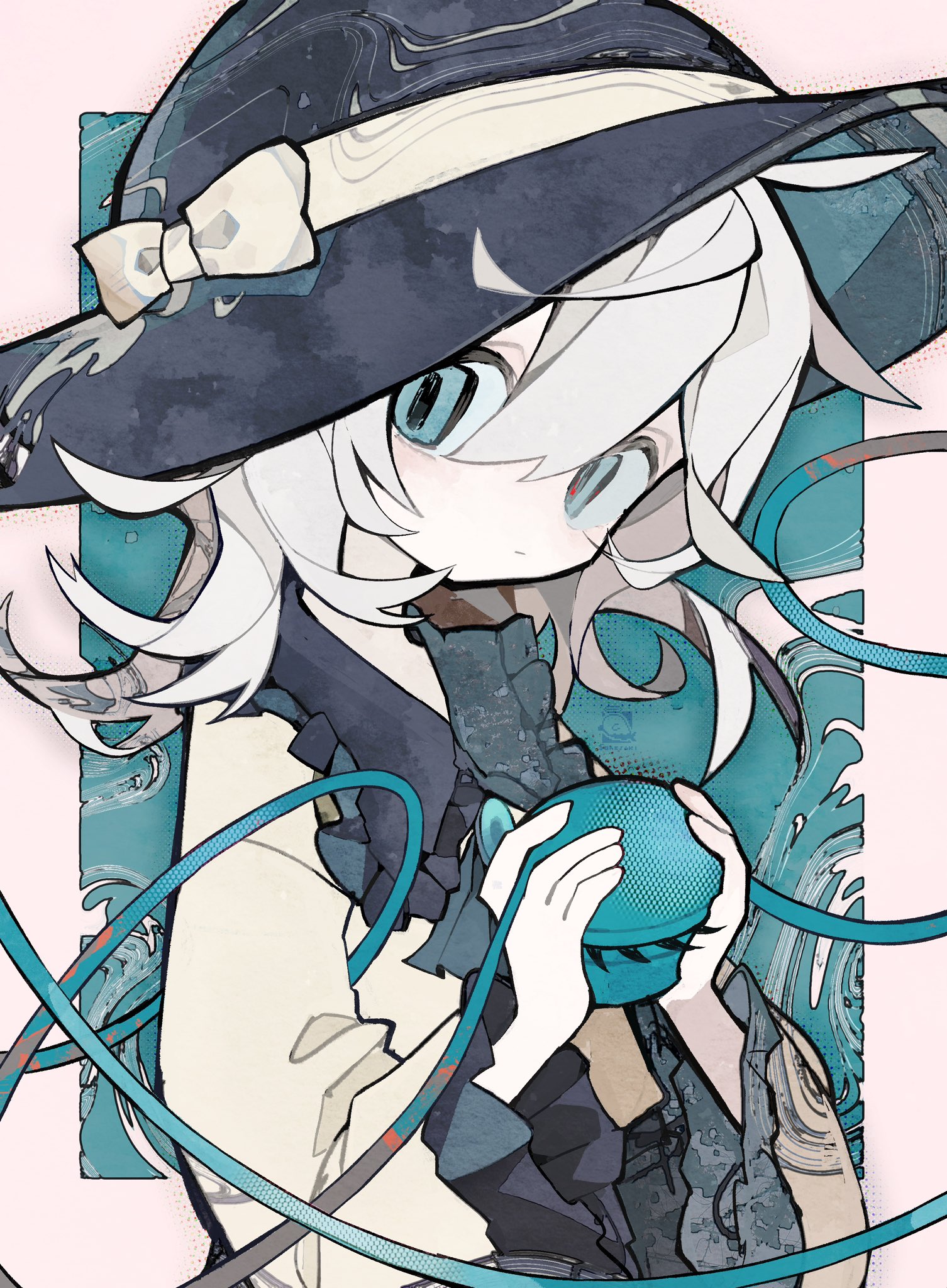 soresaki, komeiji koishi, touhou, highres, 1girl, bow, frilled sleeves, frills, green eyes, hat, hat bow, hat ribbon, long sleeves, looking at viewer, patterned background, ribbon, third eye, white hair