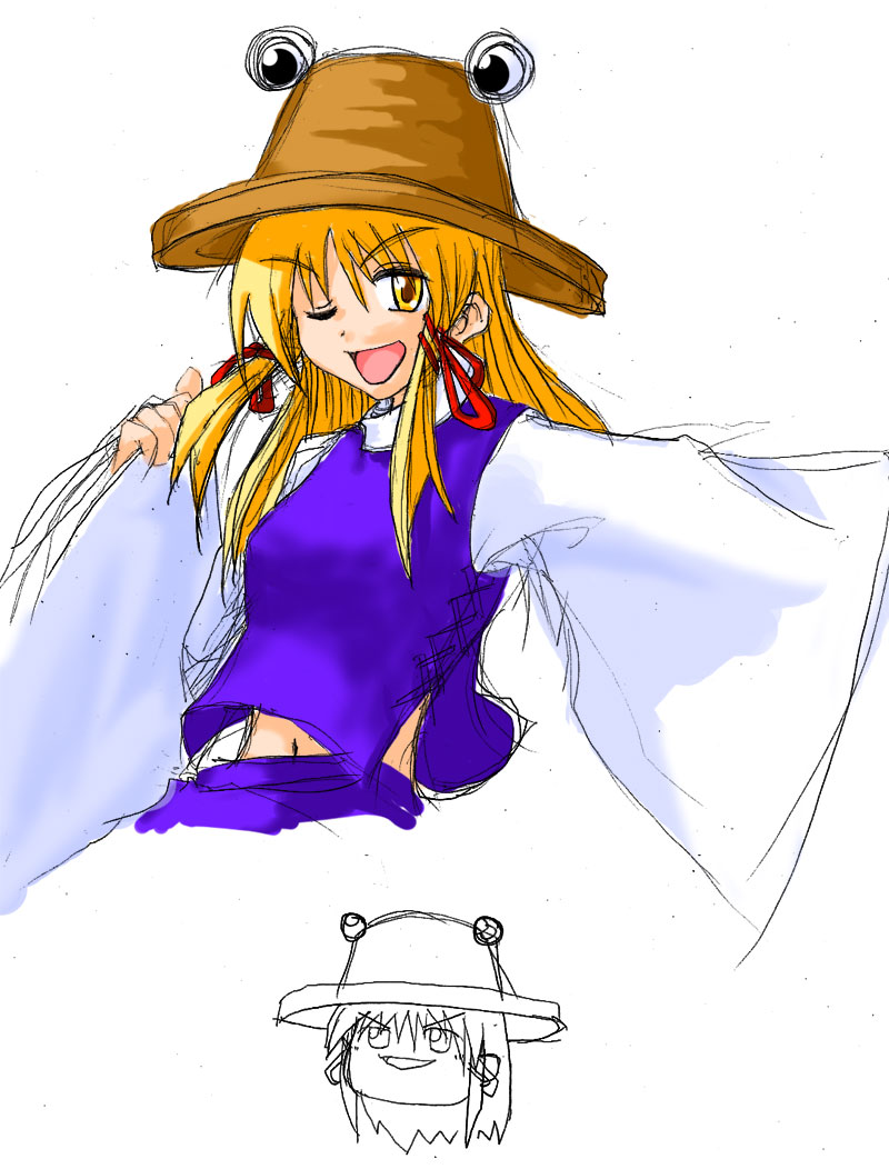 mikan-neko, moriya suwako, touhou, 1girl, blonde hair, female focus, hat, one eye closed, sketch, solo, wink, yellow eyes, yukkuri shiteitte ne
