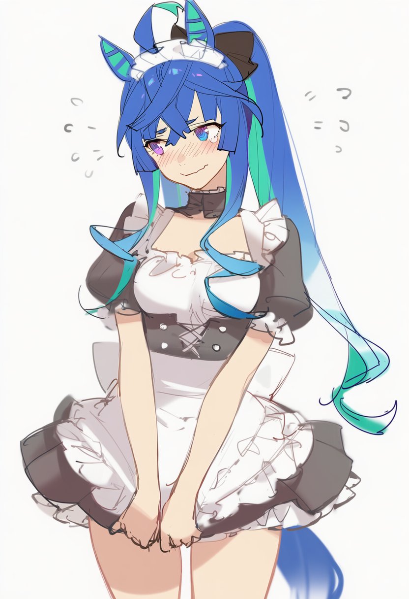 kisaragi shokuin, twin turbo (umamusume), umamusume, highres, 1girl, aged up, ahoge, alternate costume, animal ears, apron, black bow, black dress, blue eyes, blue hair, blush, bow, breasts, closed mouth, crossed bangs, dress, ear covers, hair bow, heterochromia, horse ears, horse girl, horse tail, long hair, maid, maid apron, maid headdress, multicolored hair, ponytail, purple eyes, short sleeves, sidelocks, smile, solo, sweat, tail, twintails, white apron
