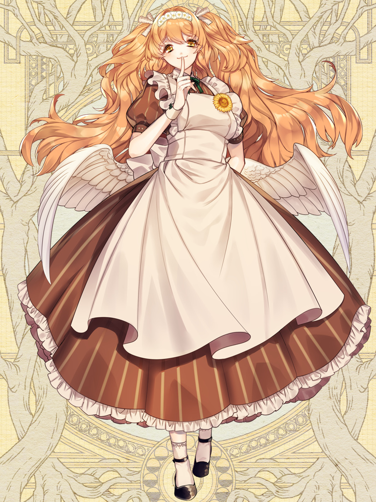 sato toshio, dairoku ryouhei, 1girl, apron, black shoes, brown dress, dress, index finger raised, looking at viewer, maid apron, maid headdress, misaki rui, orange hair, shoes, socks, solo, white socks, white wings, wings, wrist cuffs, yellow background