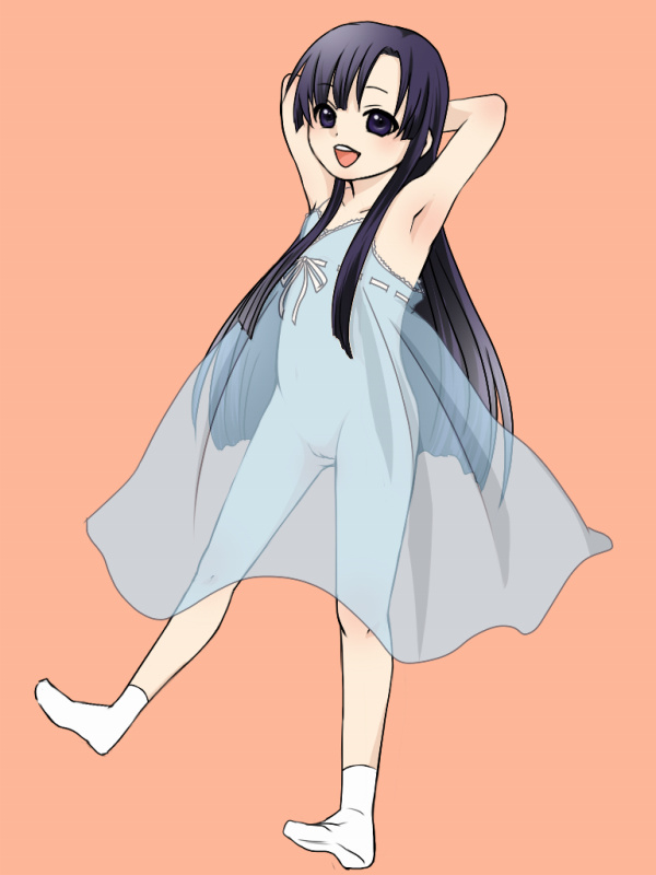 m (avian), kuhouin murasaki, kure-nai, kurenai, clothes, 00s, 1girl, chemise, female focus, flat chest, happy, lingerie, loli, long hair, matching hair/eyes, negligee, no panties, open mouth, purple eyes, purple hair, pussy, see-through clothes, sidelocks, simple background, smile, socks, solo, underwear, very long hair, white socks
