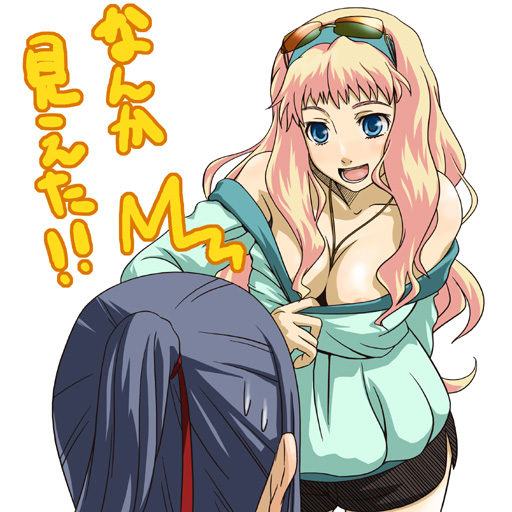unyon, saotome alto, sheryl nome, macross, macross frontier, 00s, 1boy, 1girl, areola slip, breasts, cleavage, hairband, large breasts, nipple slip, nipples, smile, strapless