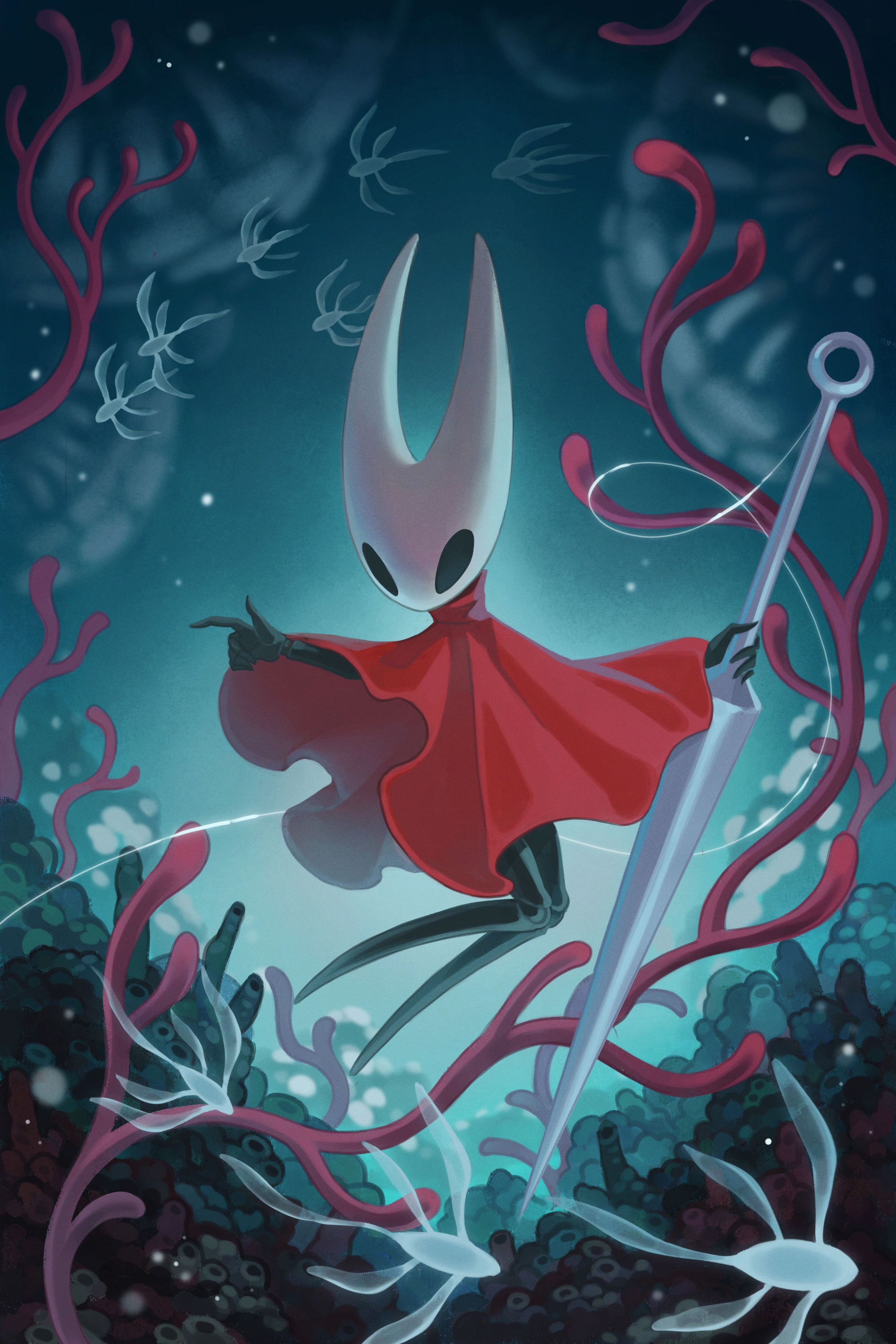lowstrear, hornet (hollow knight), hollow knight, hollow knight: silksong, absurdres, commentary, english commentary, highres, 1girl, arthropod limbs, black skin, cloak, colored skin, coral, coral reef, full body, holding, holding weapon, hollow eyes, horned mask, index finger raised, light particles, looking to the side, mask, needle (hollow knight), outstretched arm, red cloak, solo, thread, weapon, white mask