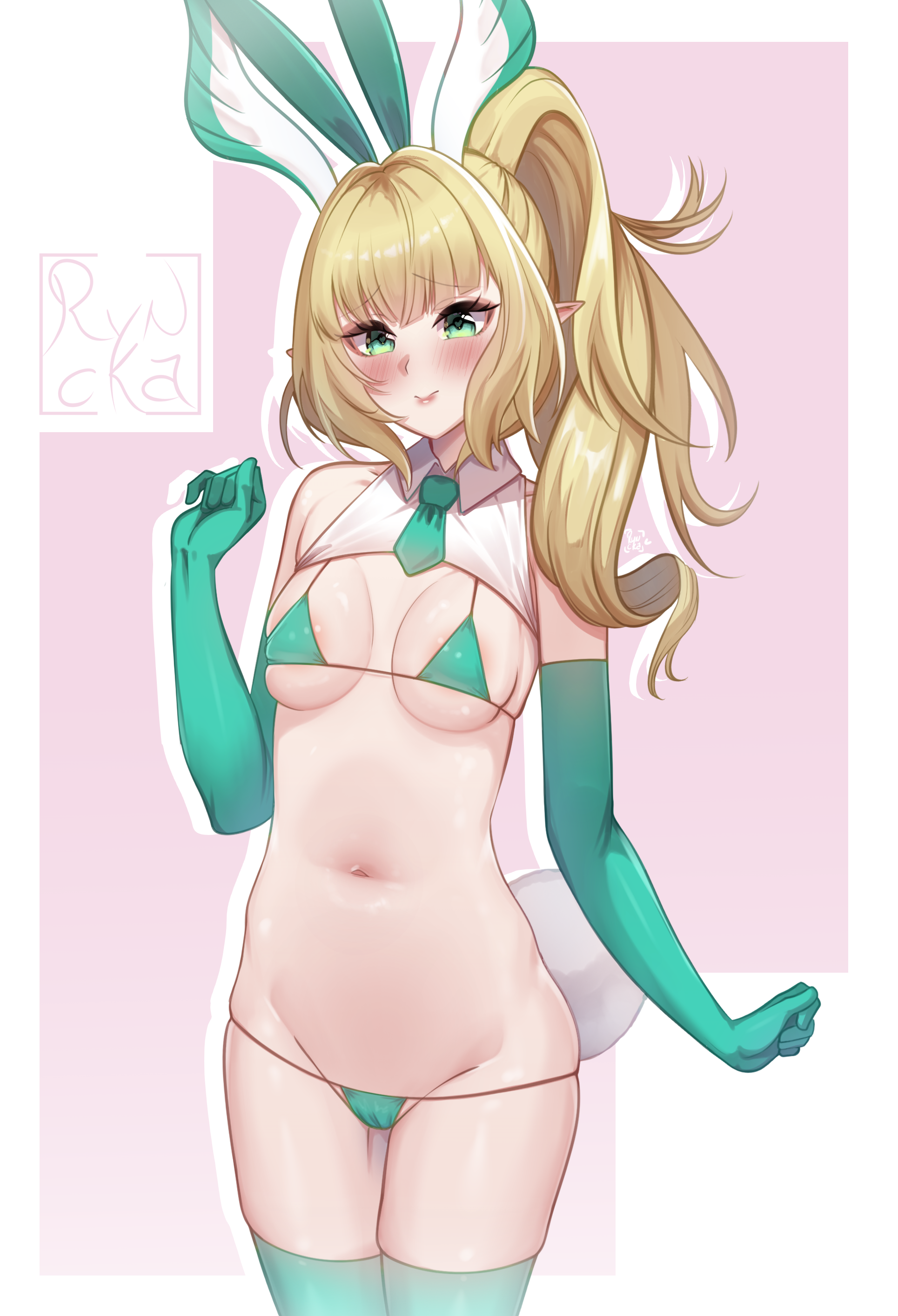 ryncka, chiyo moberi, indie virtual youtuber, 1girl, animal ears, areola slip, arm at side, artist name, bikini, blonde hair, blush, breasts, closed mouth, cowboy shot, elbow gloves, elf, embarrassed, eyebrows hidden by hair, eyelashes, fake animal ears, fake tail, female focus, gloves, green bikini, green eyes, green gloves, green necktie, green thighhighs, hand up, leotard, long hair, looking at viewer, lowleg, lowleg bikini, medium breasts, micro bikini, navel, necktie, pink background, playboy bunny, pointy ears, ponytail, rabbit ears, rabbit tail, shrug (clothing), side ponytail, sleeveless, sleeveless shrug, solo, standing, swimsuit, tail, thighhighs, two-tone background, virtual youtuber, white background, white shrug