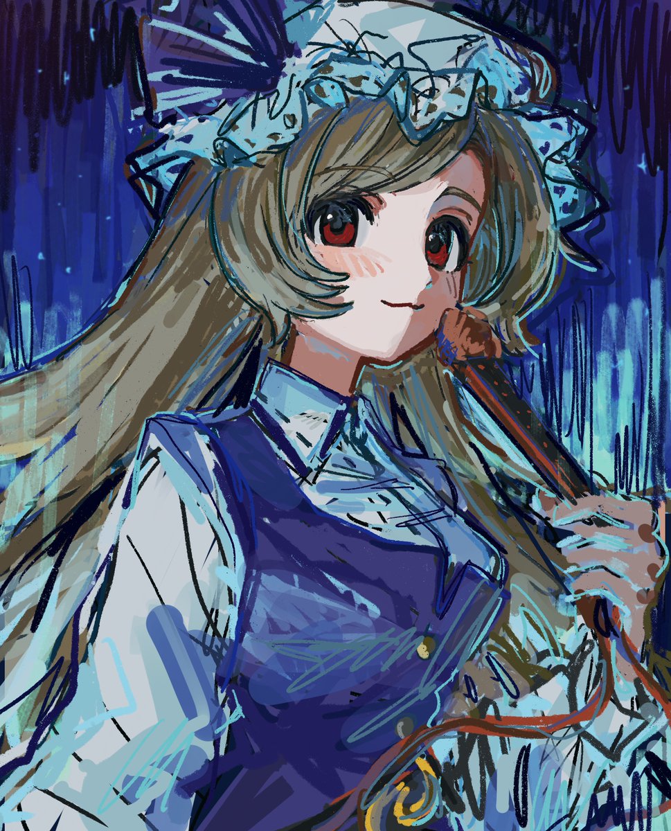 b nosk101, watatsuki no toyohime, touhou, highres, 1girl, blonde hair, blue background, blush, buttons, closed mouth, collared shirt, dress, hand fan, hat, hat ribbon, holding, holding fan, long hair, long sleeves, looking at viewer, mob cap, official alternate eye color, pinafore dress, pom pom (clothes), puffy long sleeves, puffy sleeves, purple dress, purple ribbon, red eyes, ribbon, shirt, simple background, sleeveless, sleeveless dress, smile, solo, upper body, white hat, white shirt