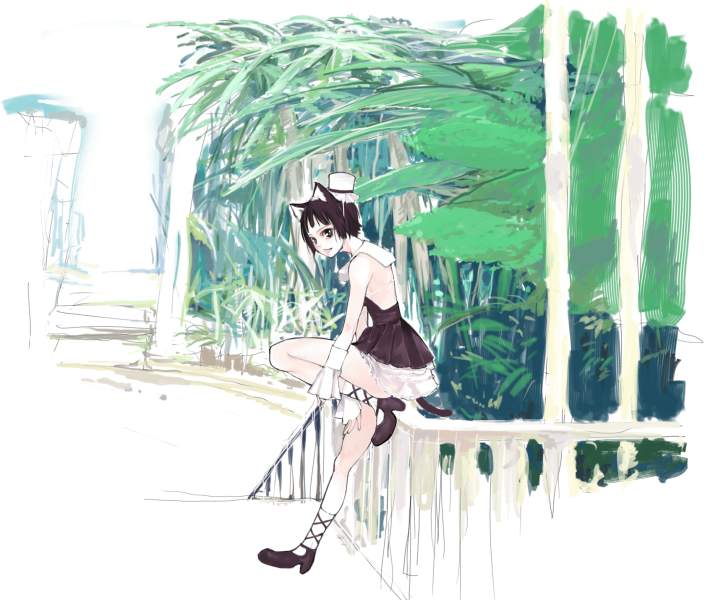 es (cah60700), original, 1girl, against railing, animal ears, ankle lace-up, bare shoulders, black dress, black hair, black shoes, cat ears, cat tail, closed mouth, detached sleeves, dress, female focus, from side, full body, green eyes, hand on own thigh, hat, kneehighs, leaning, leg up, looking at viewer, looking to the side, mini hat, nature, outdoors, pale skin, plant, porch, railing, shoes, short hair, sketch, sleeves past wrists, smile, socks, solo, standing, standing on one leg, strapless, strapless dress, tail, tree, white hat, white socks