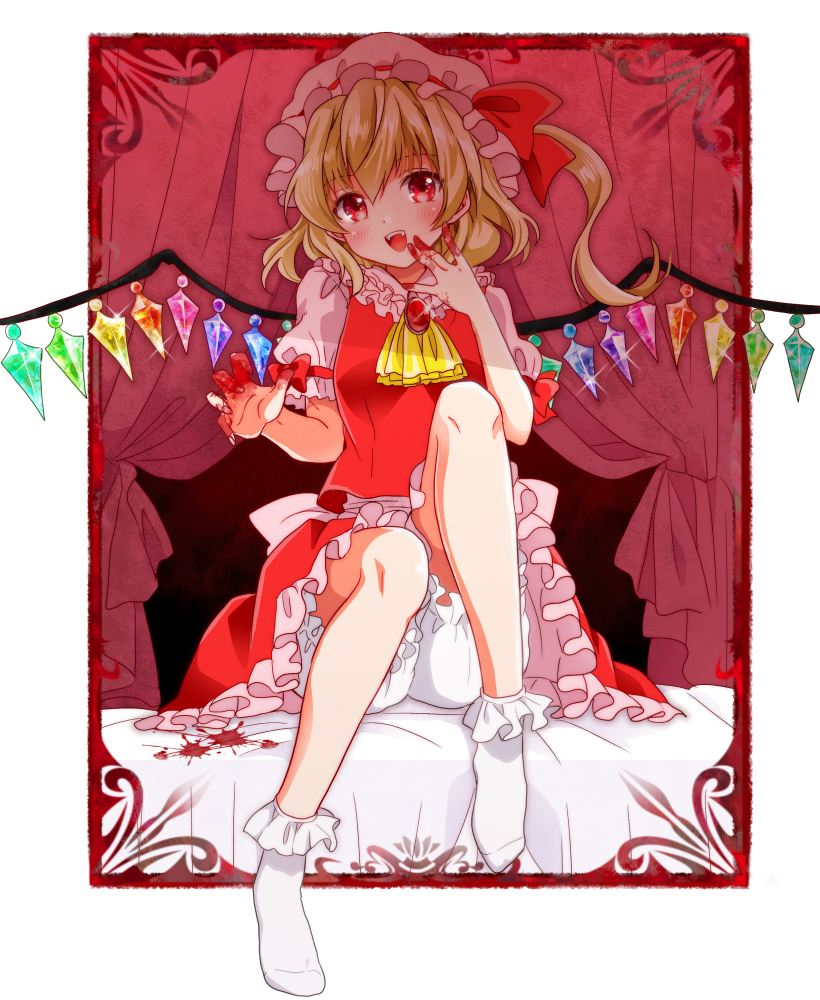 okawa friend, flandre scarlet, touhou, commentary request, 1girl, :d, ascot, back bow, blonde hair, blood, blood on hands, bloomers, blush, border, bow, collar, crystal wings, curtains, fangs, frilled collar, frilled skirt, frills, hand on own face, hat, hat ribbon, looking at viewer, medium hair, mob cap, multicolored wings, no shoes, on bed, open mouth, puffy short sleeves, puffy sleeves, red background, red eyes, red ribbon, red skirt, red vest, ribbon, shirt, short sleeves, side ponytail, skirt, smile, socks, solo, underwear, vest, white bloomers, white border, white bow, white hat, white shirt, white socks, wings, yellow ascot