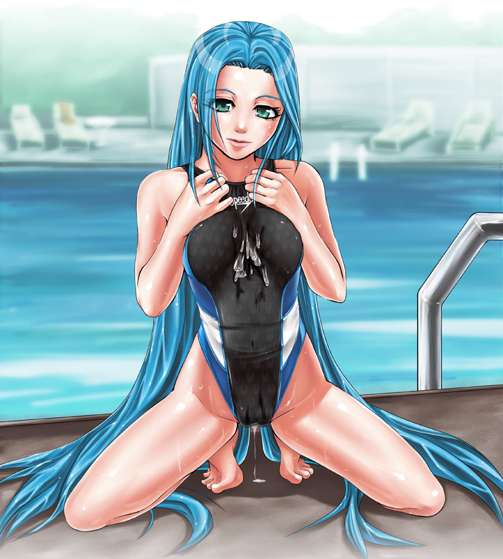 inoue makito, 1girl, bad anatomy, bad feet, barefoot, blue hair, competition swimsuit, cum, feet, green eyes, highleg, highleg one-piece swimsuit, kneeling, long hair, one-piece swimsuit, pool, poorly drawn, shiny skin, spread legs, squatting, swimsuit