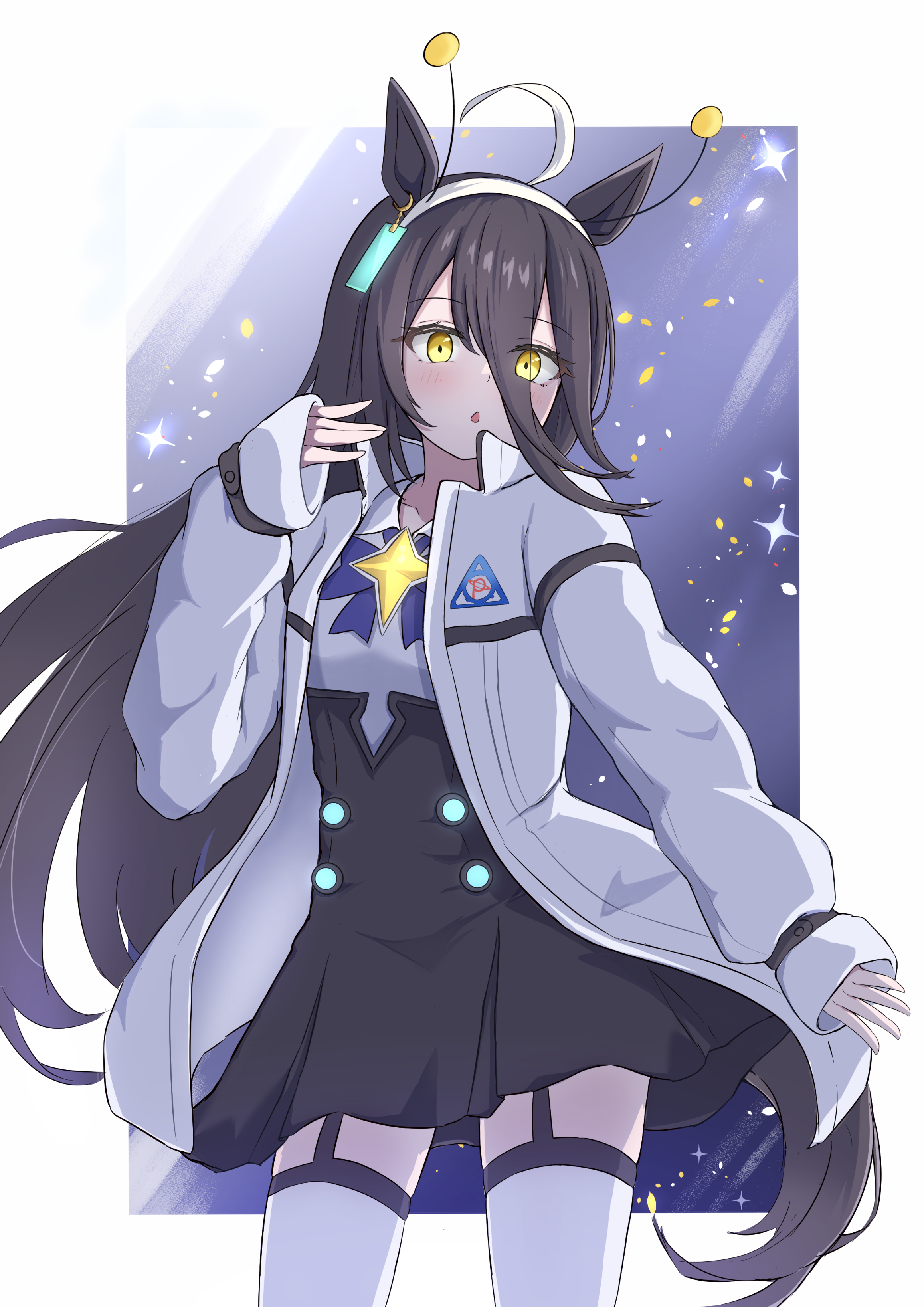 hojichabu, manhattan cafe (umamusume), umamusume, absurdres, highres, 1girl, animal ears, black skirt, blue bow, bow, collared jacket, ear ornament, ear tag, earrings, fake antennae, garter straps, hair between eyes, hairband, high-waist skirt, horse ears, horse girl, horse tail, jacket, jewelry, light blush, long bangs, long hair, long hair between eyes, long sleeves, open clothes, open jacket, parted lips, ribbon, shirt, single earring, skirt, sleeves past wrists, solo, tail, thighhighs, uma stars (umamusume), very long hair, white hairband, white jacket, white shirt, white thighhighs, yellow ribbon, zettai ryouiki