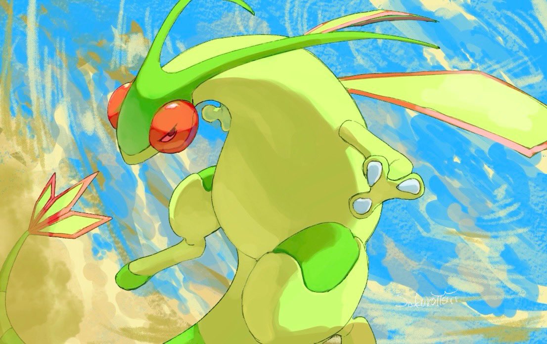 sakuraiisui, flygon, nintendo, pokemon, blue sky, claws, cloud, dragon, flying, gen 3 pokemon, green wings, no humans, outdoors, pokemon (creature), pokemon focus, sky, tail, wings