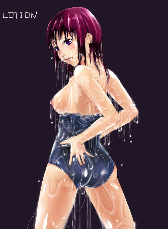 inoue makito, 1girl, ass, breasts, clothes pull, female focus, long hair, looking back, lotion, nipples, one-piece swimsuit, one-piece swimsuit pull, open mouth, pink eyes, purple hair, school swimsuit, shiny skin, solo, swimsuit, topless female, wet