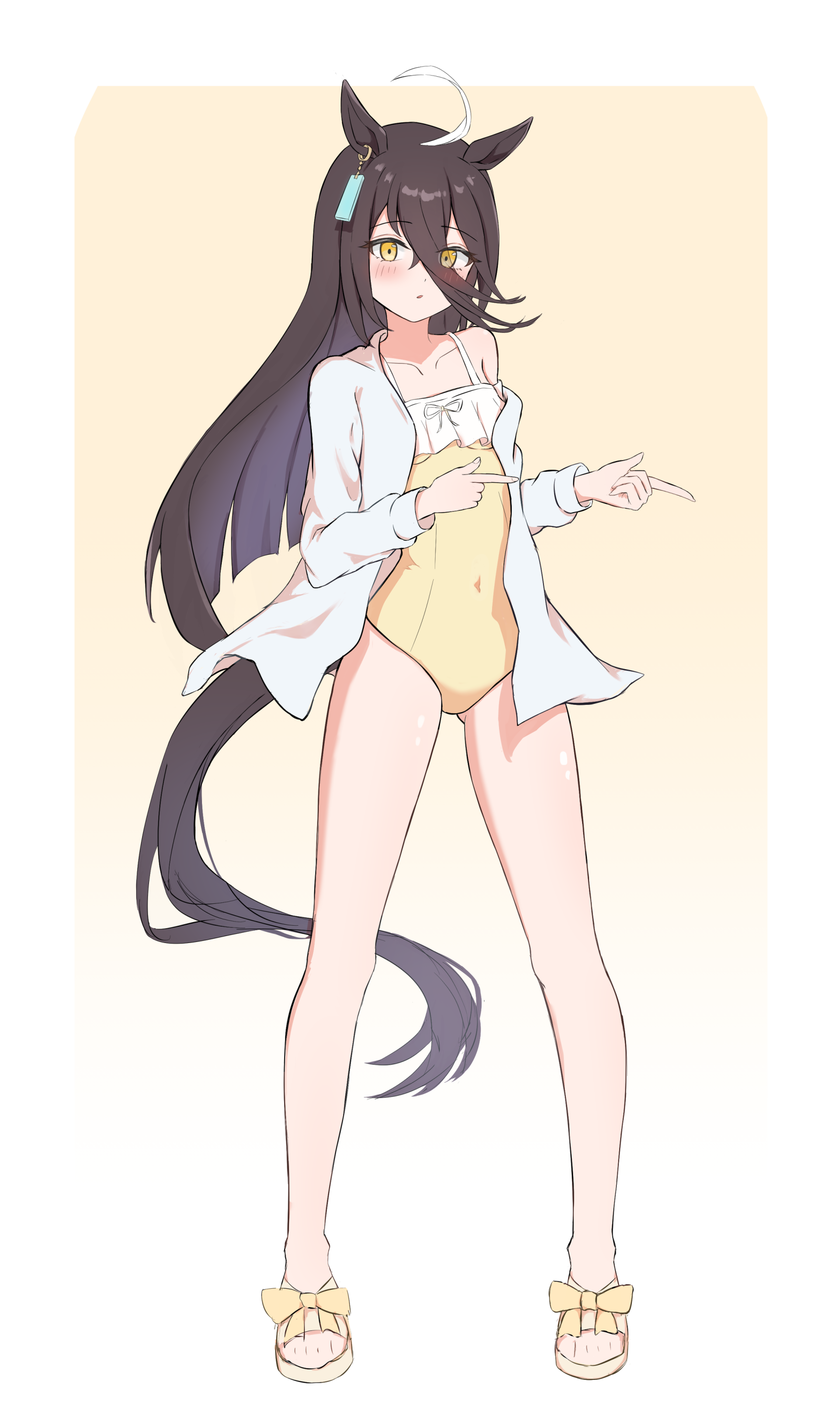 hojichabu, manhattan cafe (umamusume), umamusume, absurdres, commentary request, highres, 1girl, ahoge, animal ears, black hair, earrings, gluteal fold, hair between eyes, horse ears, horse girl, horse tail, jacket, jewelry, light blush, long hair, multicolored hair, one-piece swimsuit, sandals, single earring, solo, swimsuit, tail, two-tone hair, white jacket, yellow eyes, yellow one-piece swimsuit