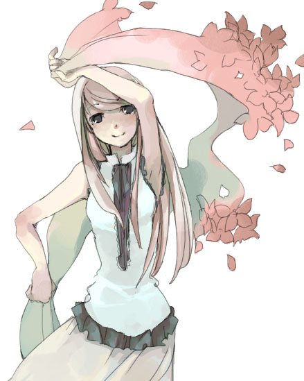 murakami, murakami mame, original, 1girl, arm up, blonde hair, female focus, flower, holding, long hair, looking at viewer, neck ribbon, petals, pink hair, ribbon, scarf, shawl, simple background, skirt, sleeveless, smile, solo