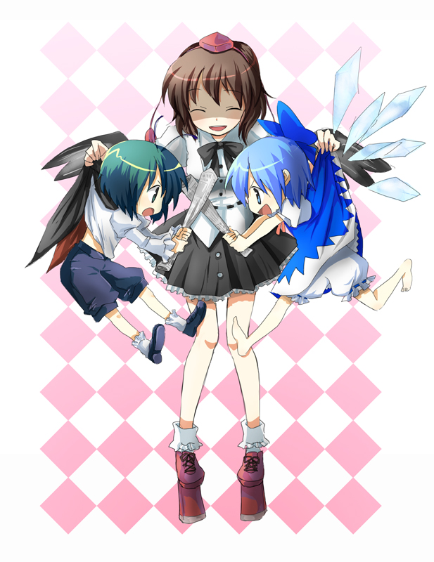 miya (tsumazukanai), cirno, shameimaru aya, wriggle nightbug, touhou, bad id, bad pixiv id, 3girls, antennae, arthropod girl, barefoot, black hair, black wings, bloomers, blue eyes, blue hair, bow, cape, checkered background, child, closed eyes, false smile, female focus, geta, green eyes, green hair, hair bow, hat, ice, multiple girls, newspaper, ribbon, shaded face, short hair, skirt, smile, tengu-geta, tokin hat, underwear, wings
