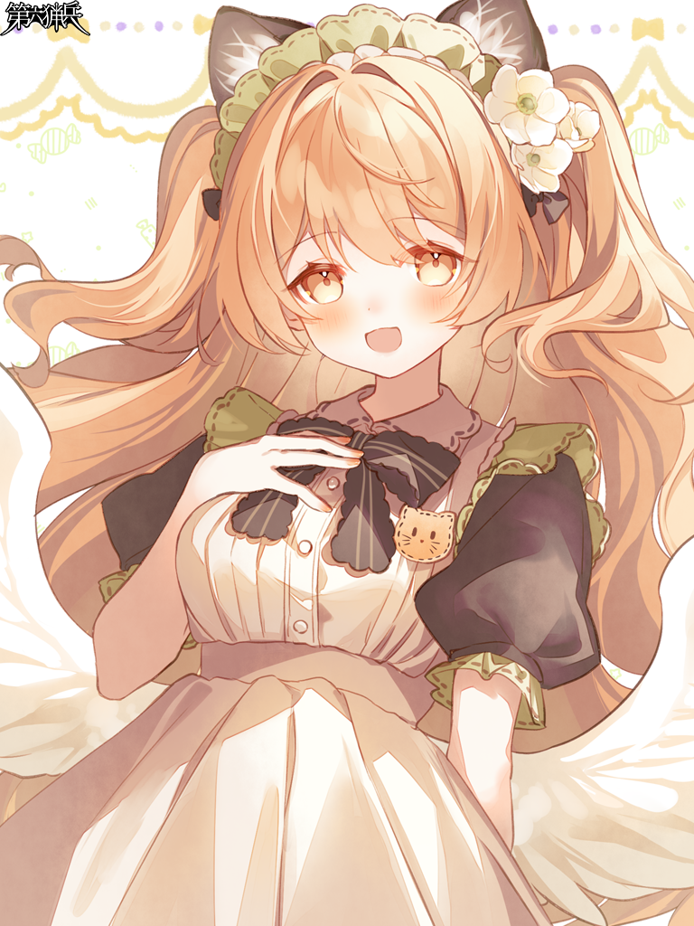 dairoku ryouhei, 1girl, :d, animal ears, black bow, blush, bow, copyright name, flower, hair flower, hair intakes, hair ornament, hand up, long hair, looking at viewer, misaki rui, open mouth, orange eyes, puffy short sleeves, puffy sleeves, short sleeves, smile, upper body