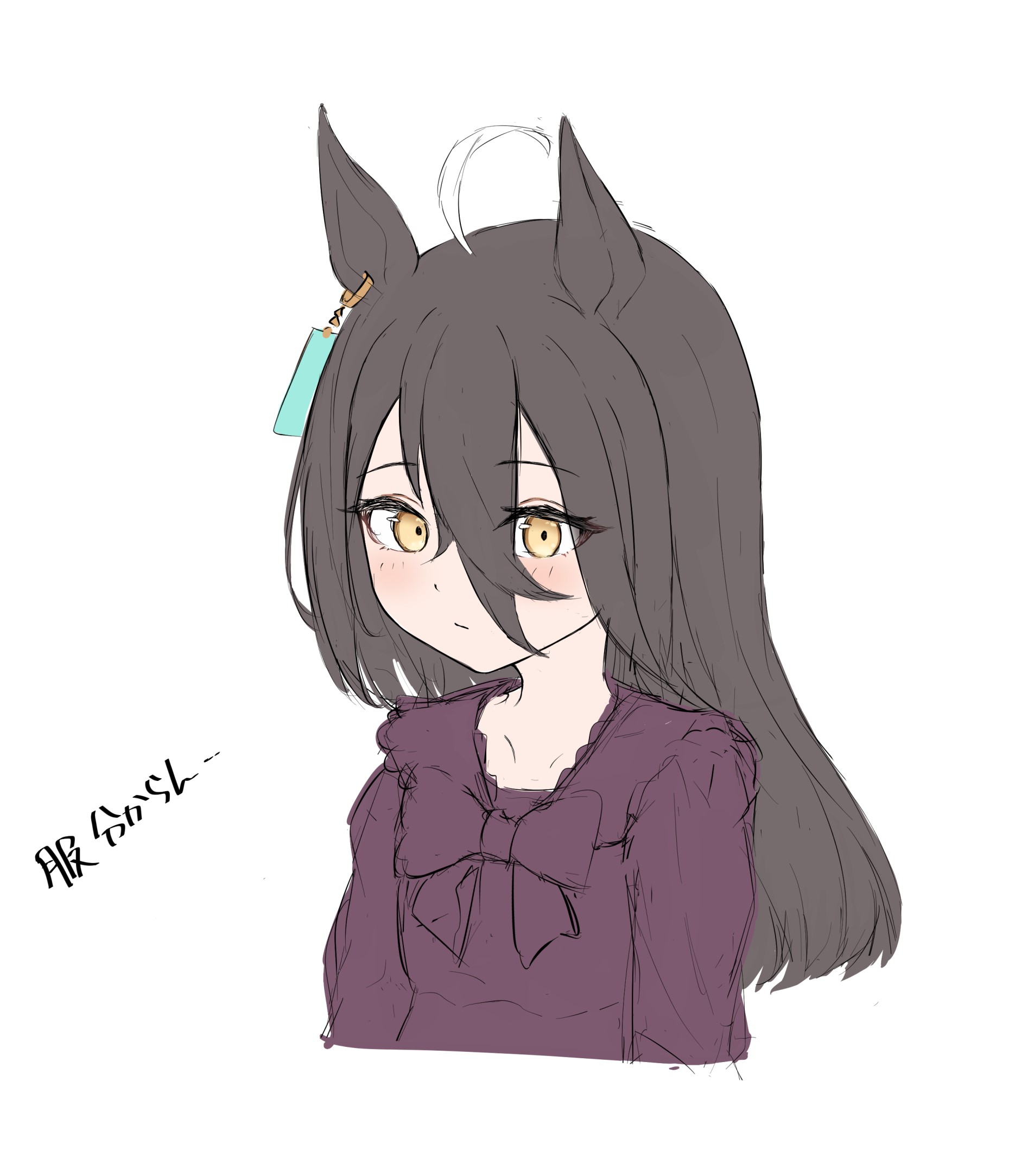 hojichabu, manhattan cafe (umamusume), umamusume, highres, translation request, 1girl, :/, aged down, black bow, black shirt, blush, bow, closed mouth, ear ornament, ear tag, earrings, hair between eyes, jewelry, long bangs, long hair between eyes, long sleeves, shirt, simple background, single earring, solo, white background, yellow eyes