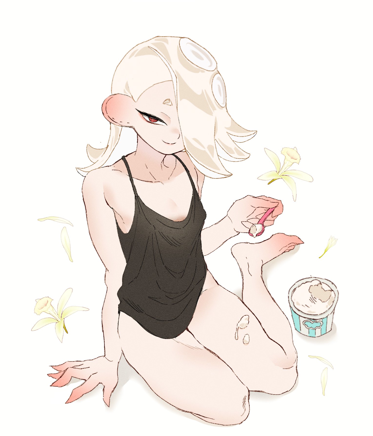 mokana moka, shiver (splatoon), nintendo, splatoon (series), splatoon 3, 1girl, alternate costume, blonde hair, bottomless, breasts, collarbone, covered erect nipples, flower, food, food on body, hair over one eye, holding, holding spoon, ice cream, looking at viewer, red eyes, sitting, small breasts, smile, solo, spoon, tank top, tentacle hair, vanilla