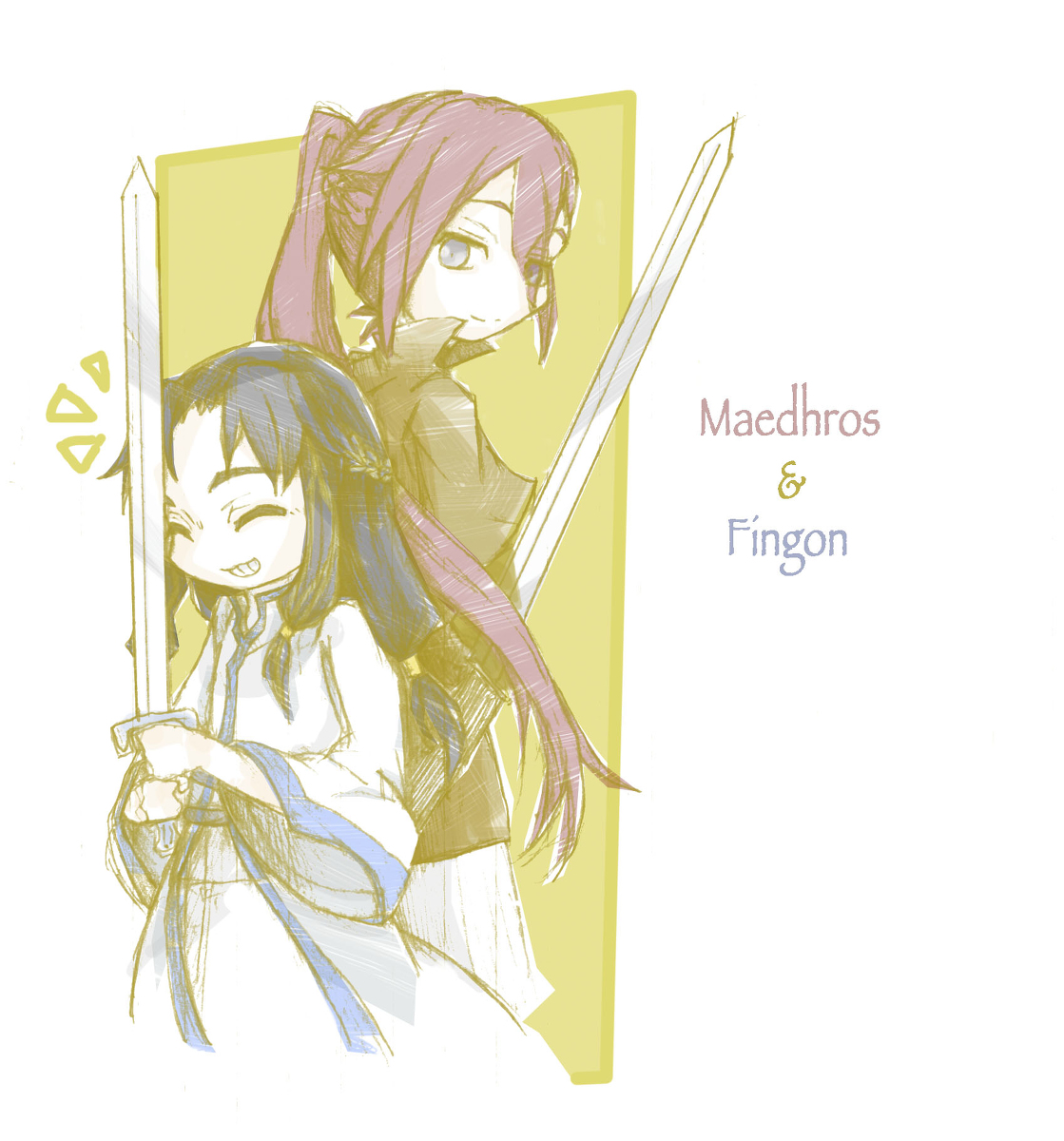pixiv id 43894224, fingon, maedhros, the silmarillion, tolkien's legendarium, 2boys, braid, character name, closed mouth, collar, eyes visible through hair, height difference, high ponytail, holding, holding sword, holding weapon, looking at another, low ponytail, male focus, multiple boys, parted bangs, parted lips, ponytail, robe, sword, teeth, weapon