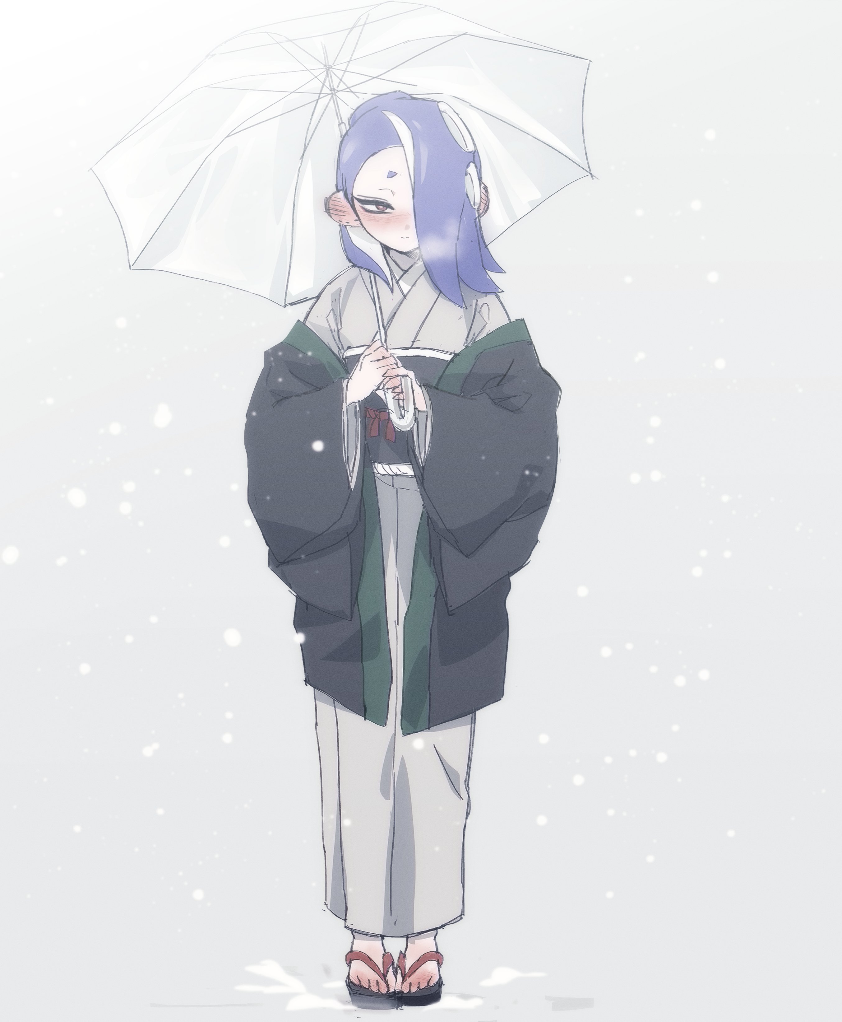 mokana moka, shiver (splatoon), nintendo, splatoon (series), splatoon 3, 1girl, alternate costume, blush, breath, facing viewer, full body, grey background, hair over one eye, holding, holding umbrella, japanese clothes, kimono, looking at viewer, obi, octoling, red eyes, sandals, sash, smile, snowing, solo, tentacle hair, umbrella