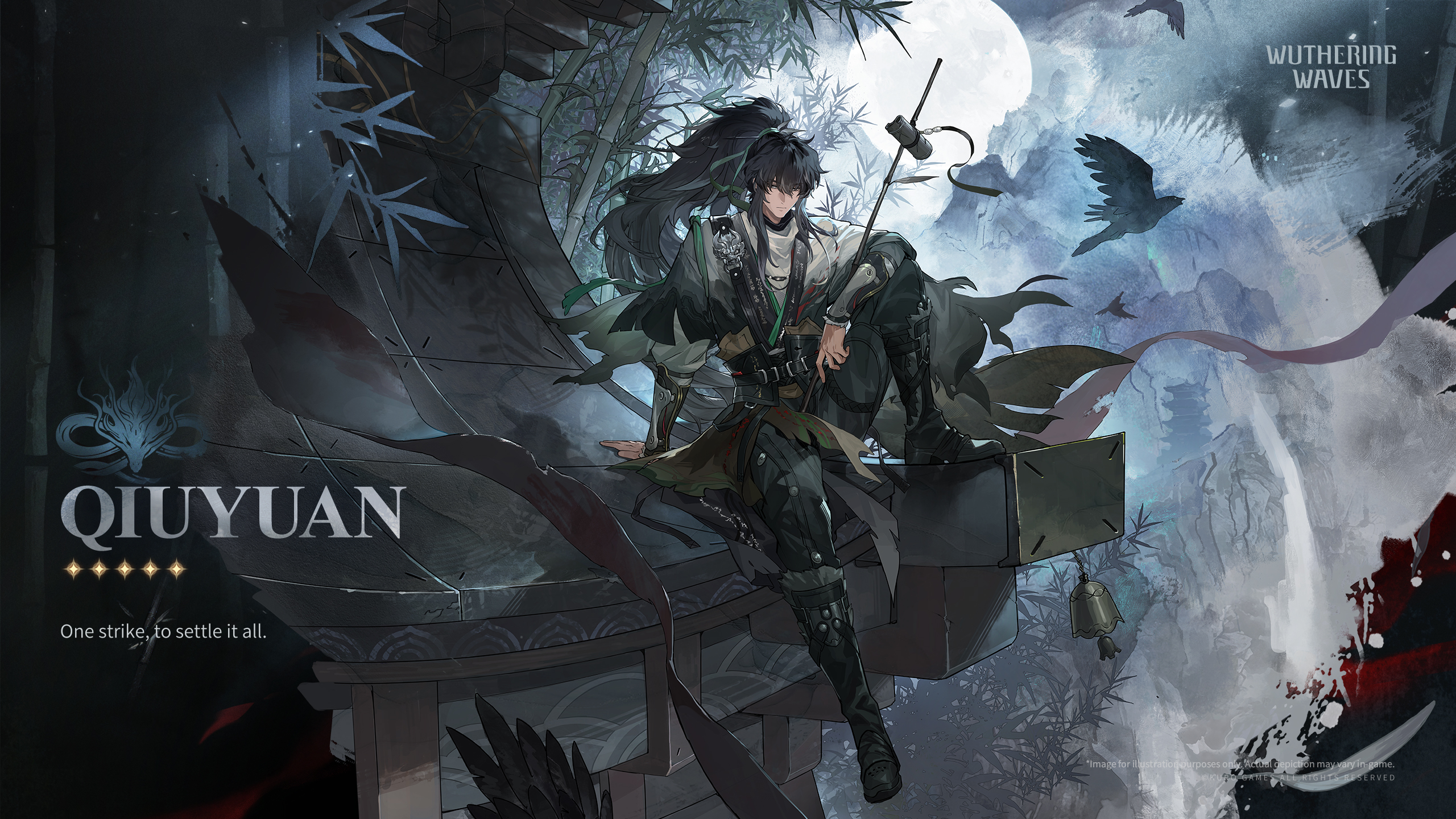 qiuyuan (wuthering waves), wuthering waves, commentary, english commentary, highres, official art, revision, 1boy, arm armor, bird, black boots, black eyes, black hair, black pants, boots, character name, chinese clothes, closed mouth, crow, english text, full body, green ribbon, hair between eyes, hair ribbon, knee up, logo, long hair, looking at viewer, male focus, pants, ponytail, ribbon, shirt, sitting, solo, white shirt