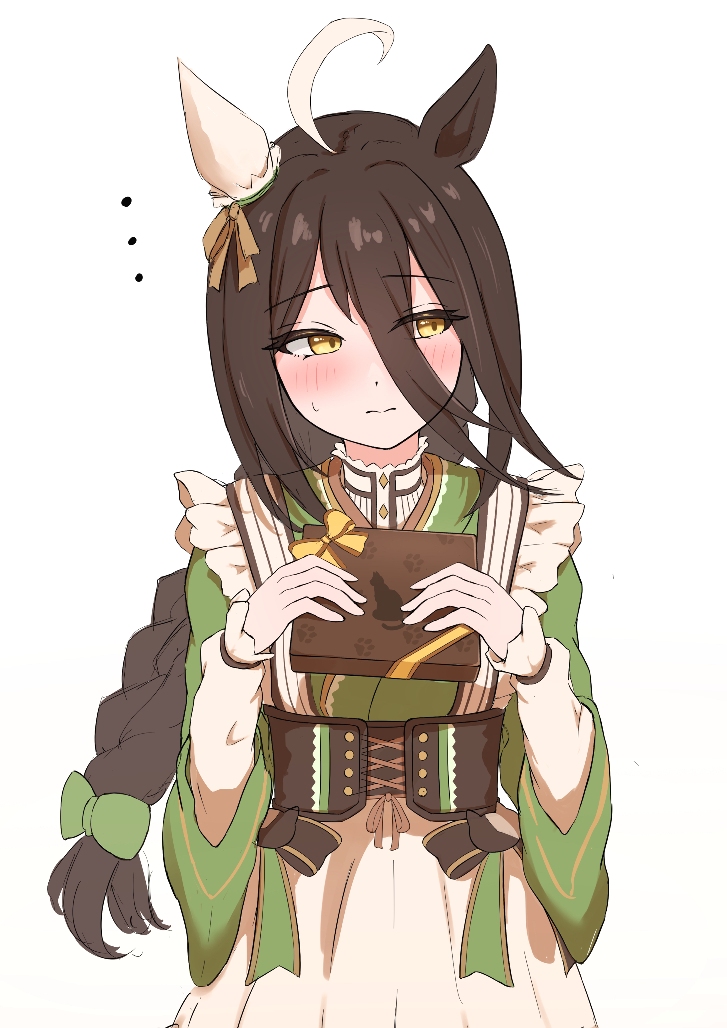 hojichabu, manhattan cafe (umamusume), umamusume, absurdres, highres, …, 1girl, ahoge, animal ears, averting eyes, black hair, blue bow, bow, box, brown corset, closed mouth, corset, ear covers, ear ribbon, embarrassed, frilled shirt collar, frills, gift, gift box, green bow, green kimono, green ribbon, hair between eyes, hair bow, holding, holding gift, horse ears, horse girl, japanese clothes, kimono, long hair, long hair between eyes, long sleeves, multicolored hair, ribbon, simple background, single ear cover, skirt, solo, split mouth, sweatdrop, very long hair, white background, white hair, white skirt, wide sleeves, yellow eyes