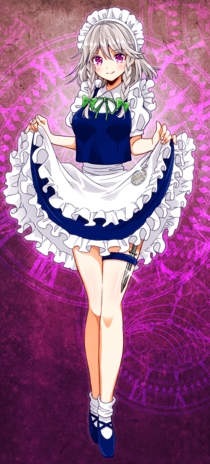 okawa friend, izayoi sakuya, touhou, commentary request, 1girl, apron, blue shoes, blue skirt, blue vest, blush, bow, braid, breasts, clock, collared shirt, frilled apron, frills, full body, green bow, green ribbon, grey hair, hair bow, knees, knife, long hair, looking at viewer, maid apron, maid headdress, medium breasts, petticoat, puffy short sleeves, puffy sleeves, purple background, purple eyes, ribbon, shirt, shoes, short sleeves, skirt, skirt hold, smile, socks, solo, thigh strap, thighs, twin braids, vest, white shirt, white socks